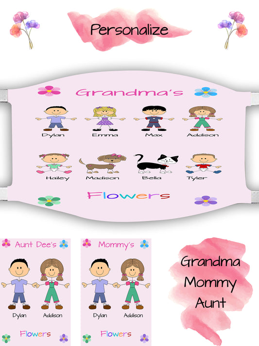 Personalized Dog Cat Pets Grandma, Aunt, Mom, Wife or Sister's Flowers Face Mask
