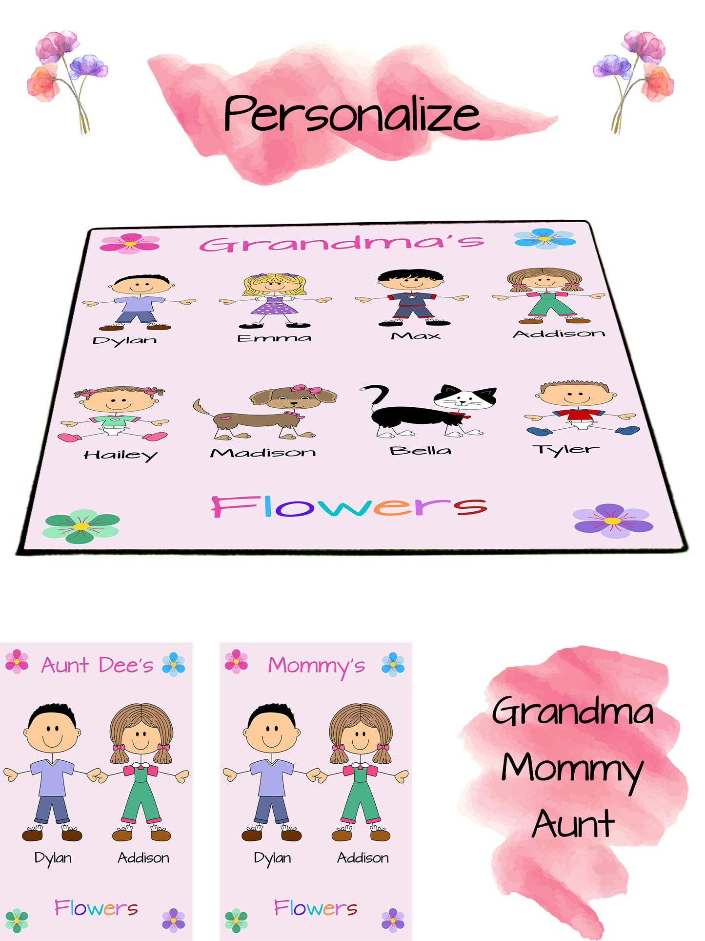 Personalized Dog Cat Pets Grandma, Aunt, Mom, Wife or Sister's Flowers Floormat