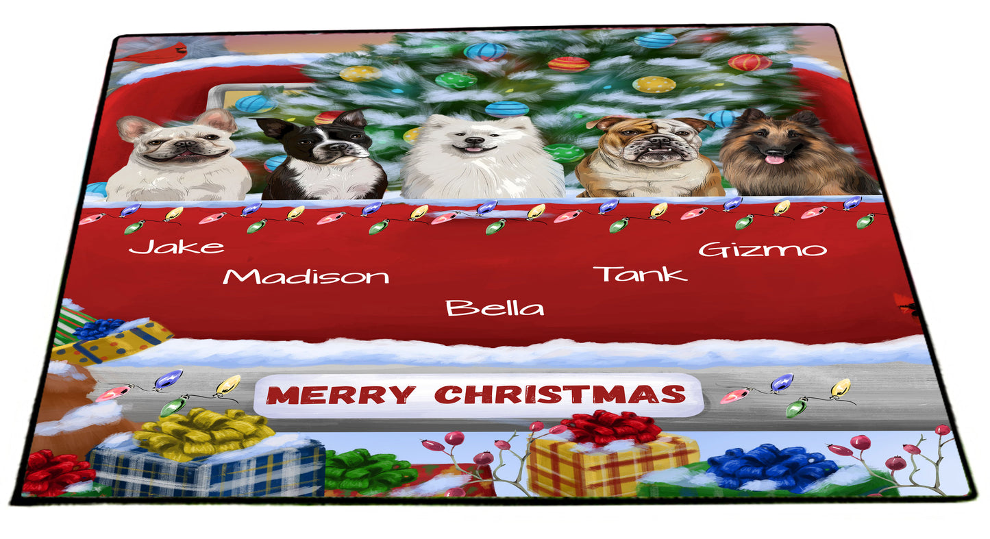 Personalized Merry Christmas Red Truck 1 Dog Cat Pets Floormat 1 to 5 Pets
