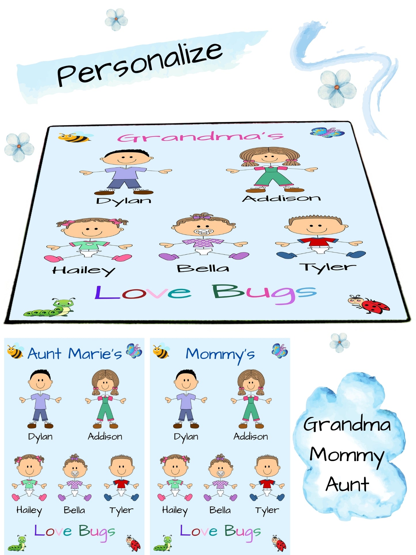 Personalized Dog Cat Pets Grandma, Aunt, Mom, Wife or Sister's Love Bugs Floormat