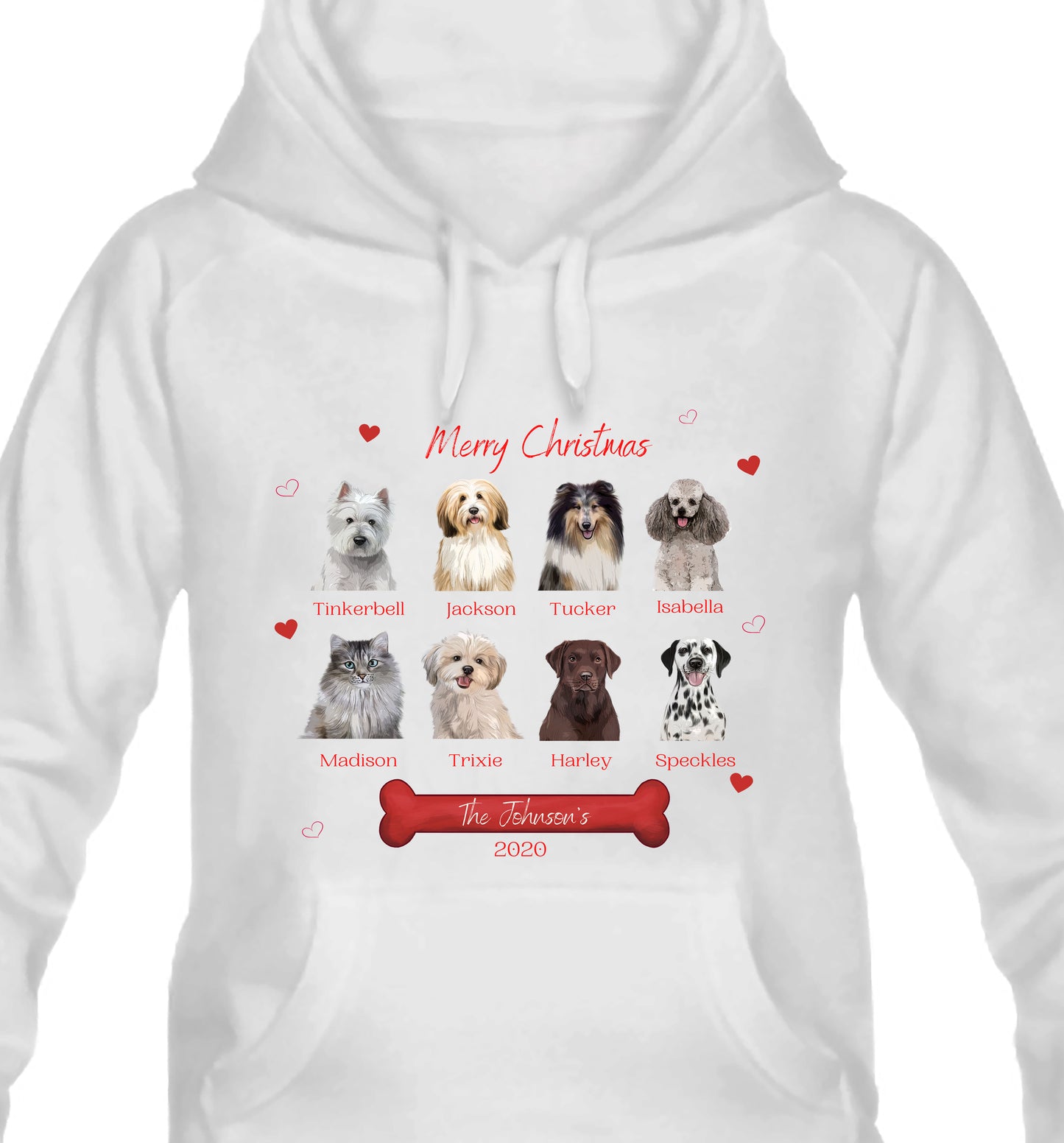 Personalized Merry Christmas Dog Cat Pets Pullover Hoodies 1 to 8 Pets