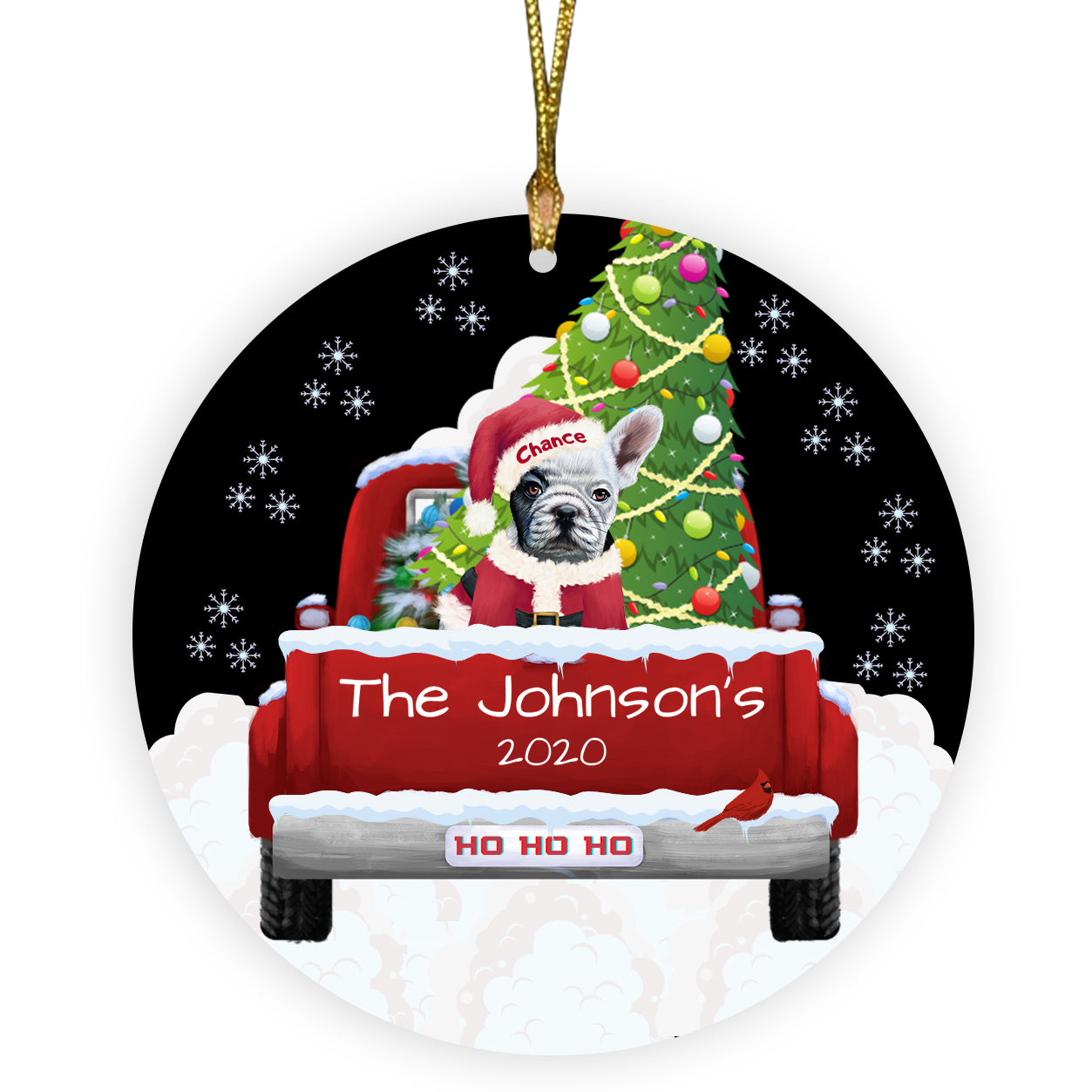 Personalized Travlin' Home for the Holidays Red Truck French Bulldogs Ceramic Round Flat Christmas Tree Ornament RFPOR48139