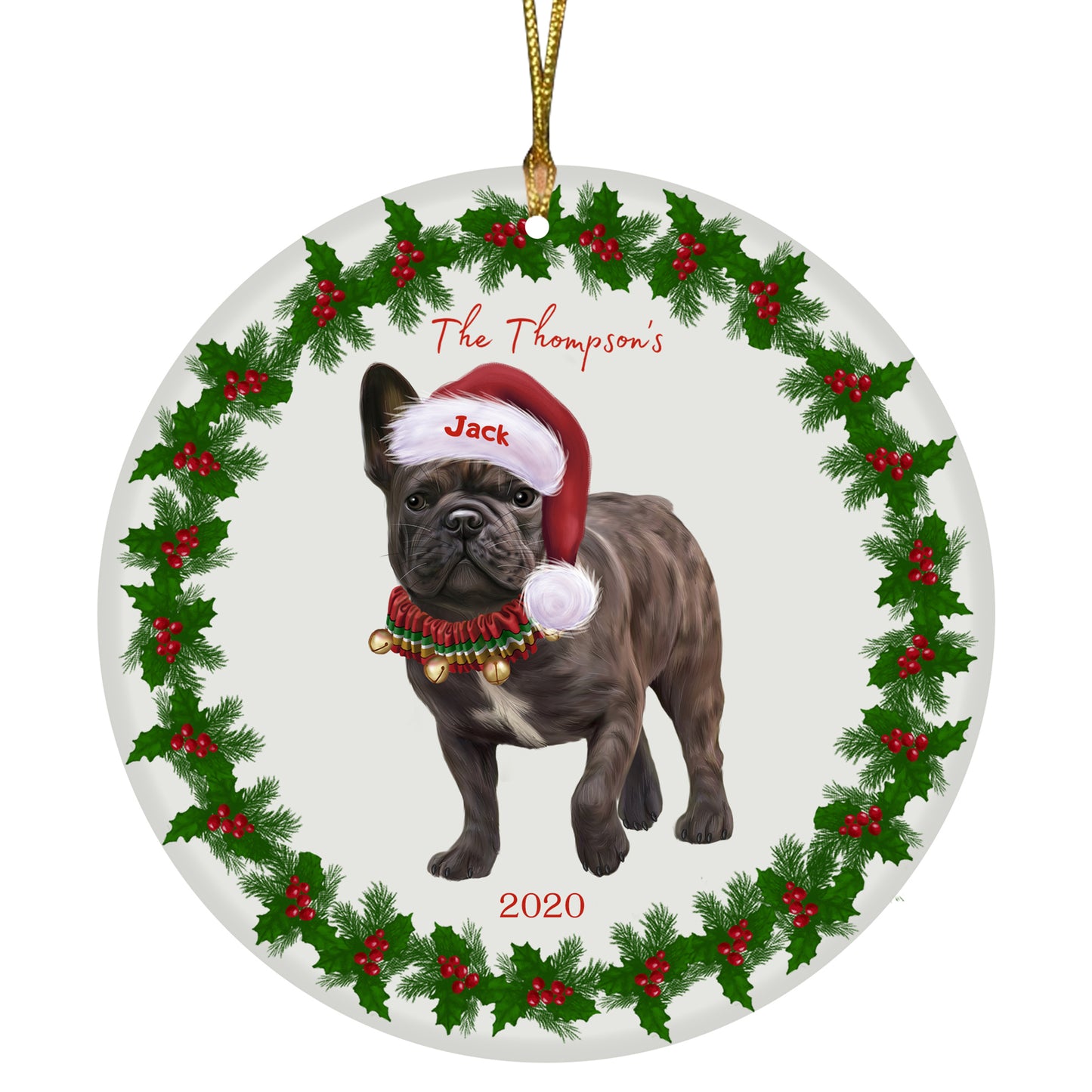 Personalized Holly Berry Trimming French Bulldog Ceramic Round Flat Christmas Tree Ornament RFPOR48283
