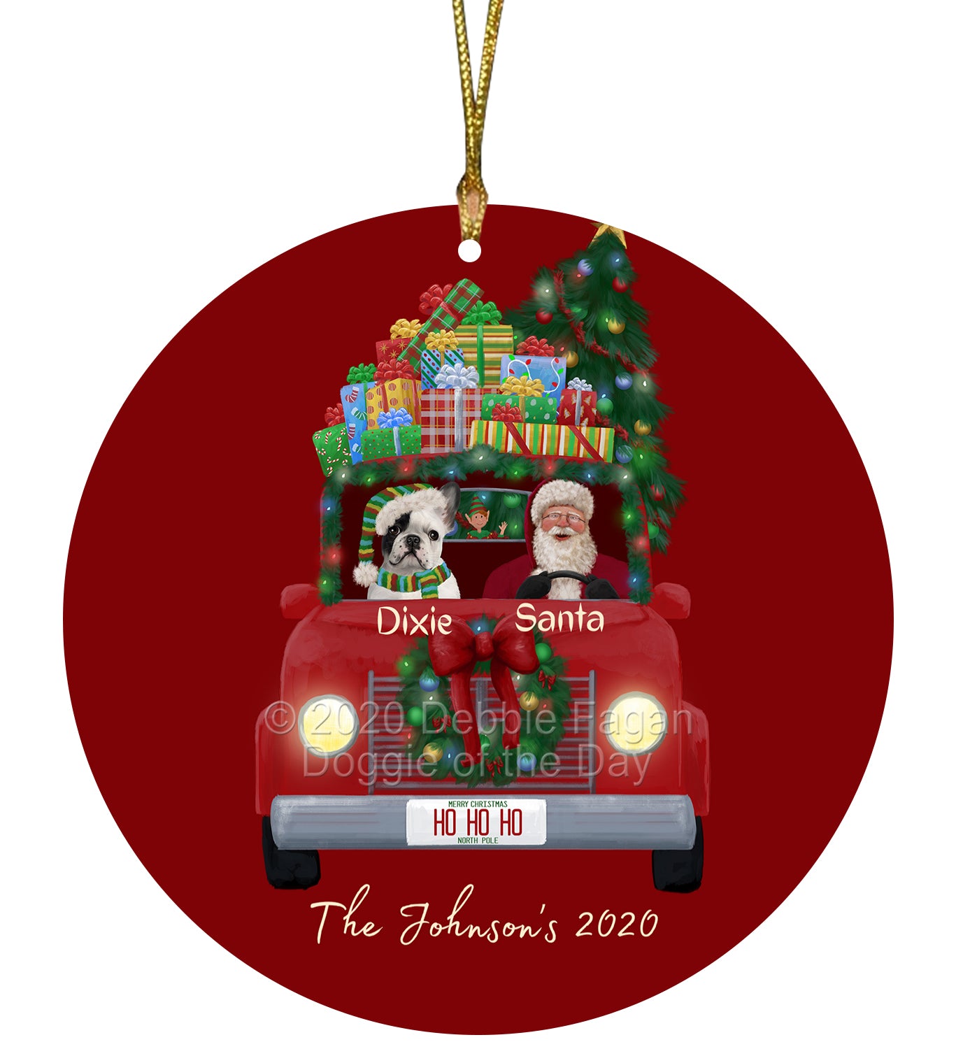Personalized Red truck Santa with French Bulldog Ceramic Round Flat Christmas Tree Ornament RFPOR48036