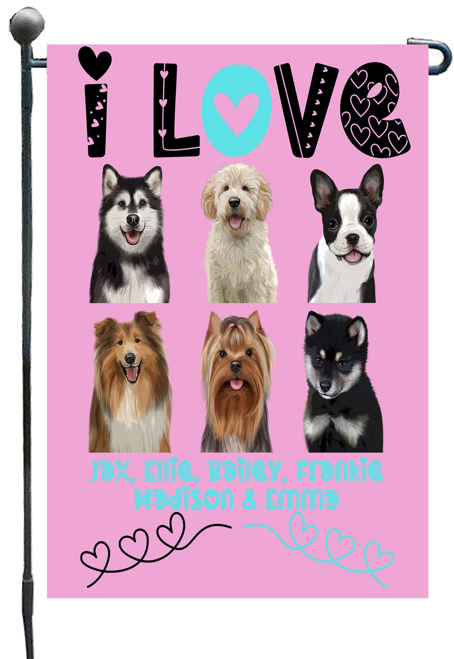 Personalized I Love Dog Cat Pets Garden Flag 1 to 6 Pets