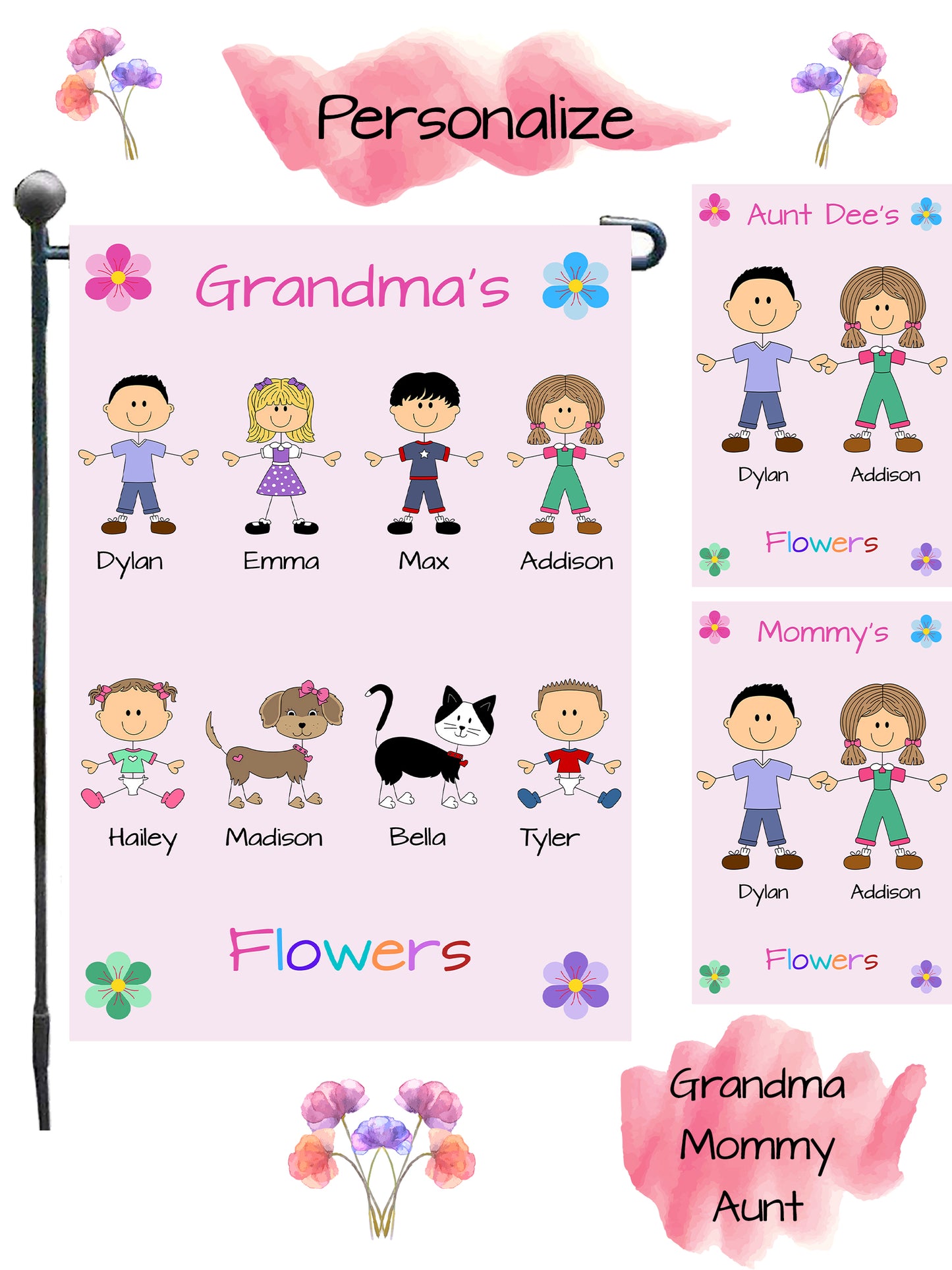 Personalized Dog Cat Pets Grandma, Aunt, Mom, Wife or Sister's Flowers Garden Flag
