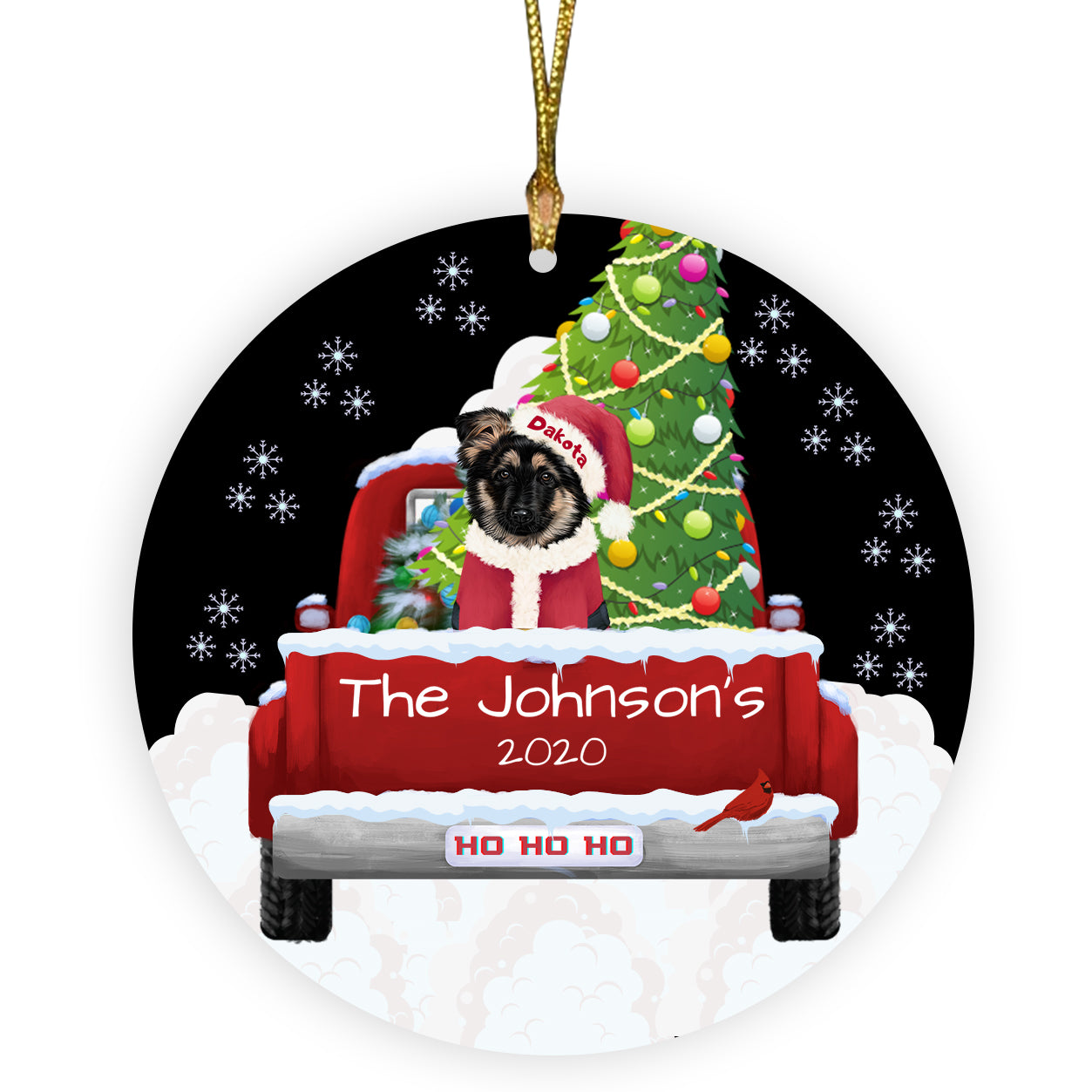 Personalized Travlin' Home for the Holidays Red Truck German Shepherd Dogs Ceramic Round Flat Christmas Tree Ornament RFPOR48140