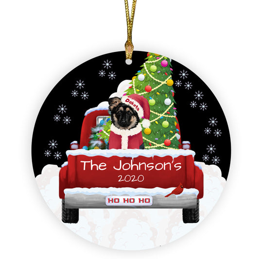 Personalized Travlin' Home for the Holidays Red Truck German Shepherd Dogs Ceramic Round Flat Christmas Tree Ornament RFPOR48140