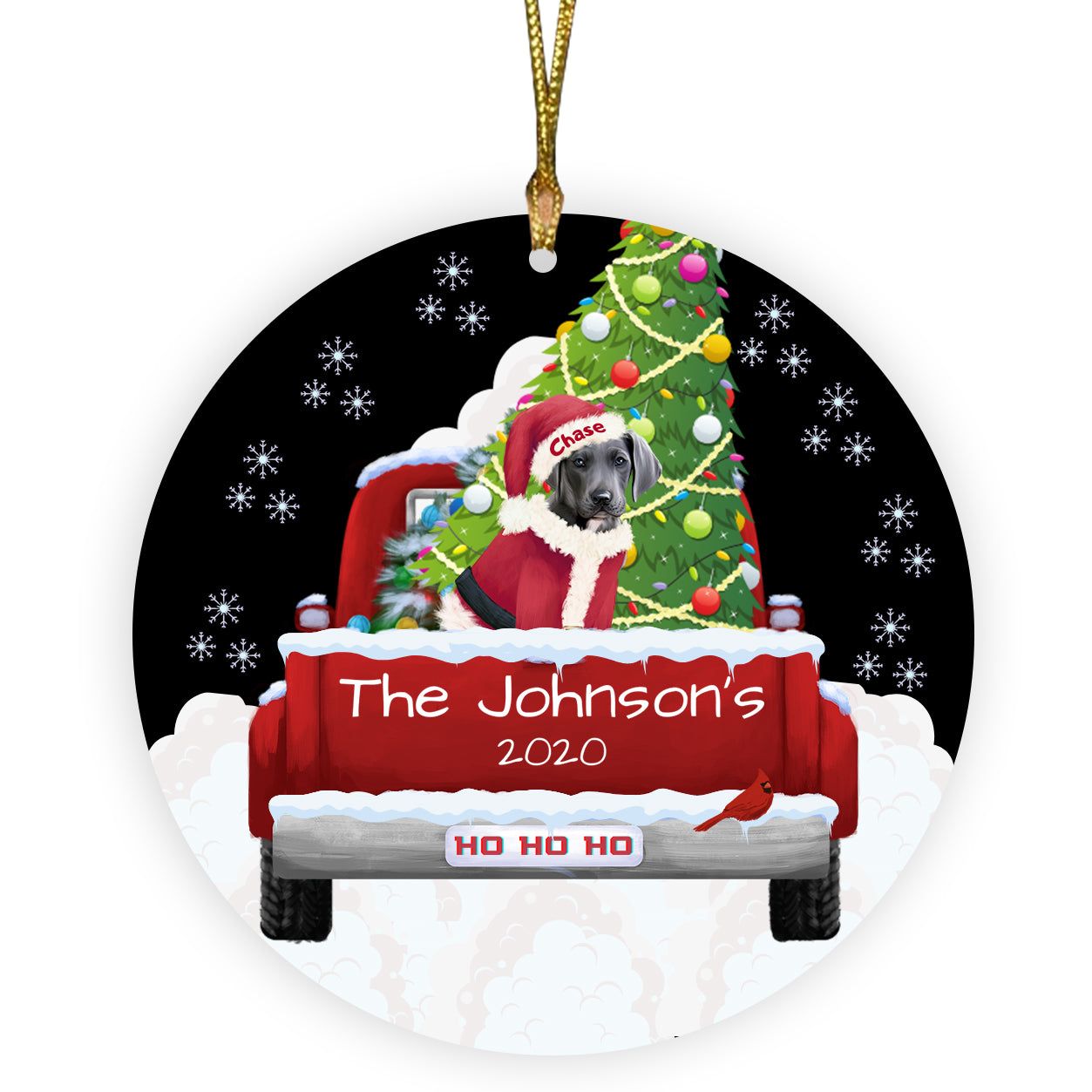 Personalized Travlin' Home for the Holidays Red Truck Great Dane Dogs Ceramic Round Flat Christmas Tree Ornament RFPOR48143