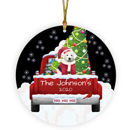 Personalized Travlin' Home for the Holidays Red Truck Great Pyrenees Dogs Ceramic Round Flat Christmas Tree Ornament RFPOR48144