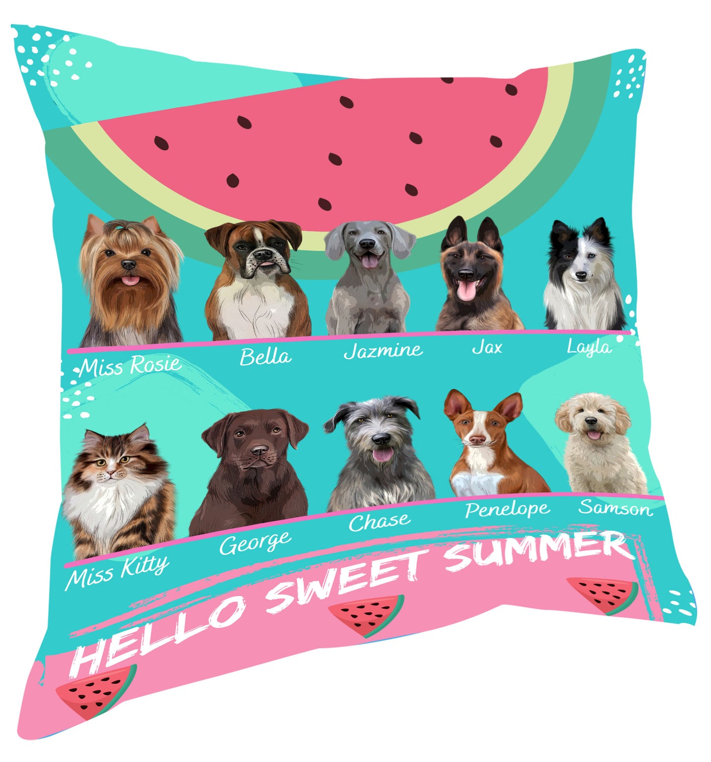 Personalized Hello Sweet Summer Watermelon Dog Cat Pets Pillow 1 to 10 Pets