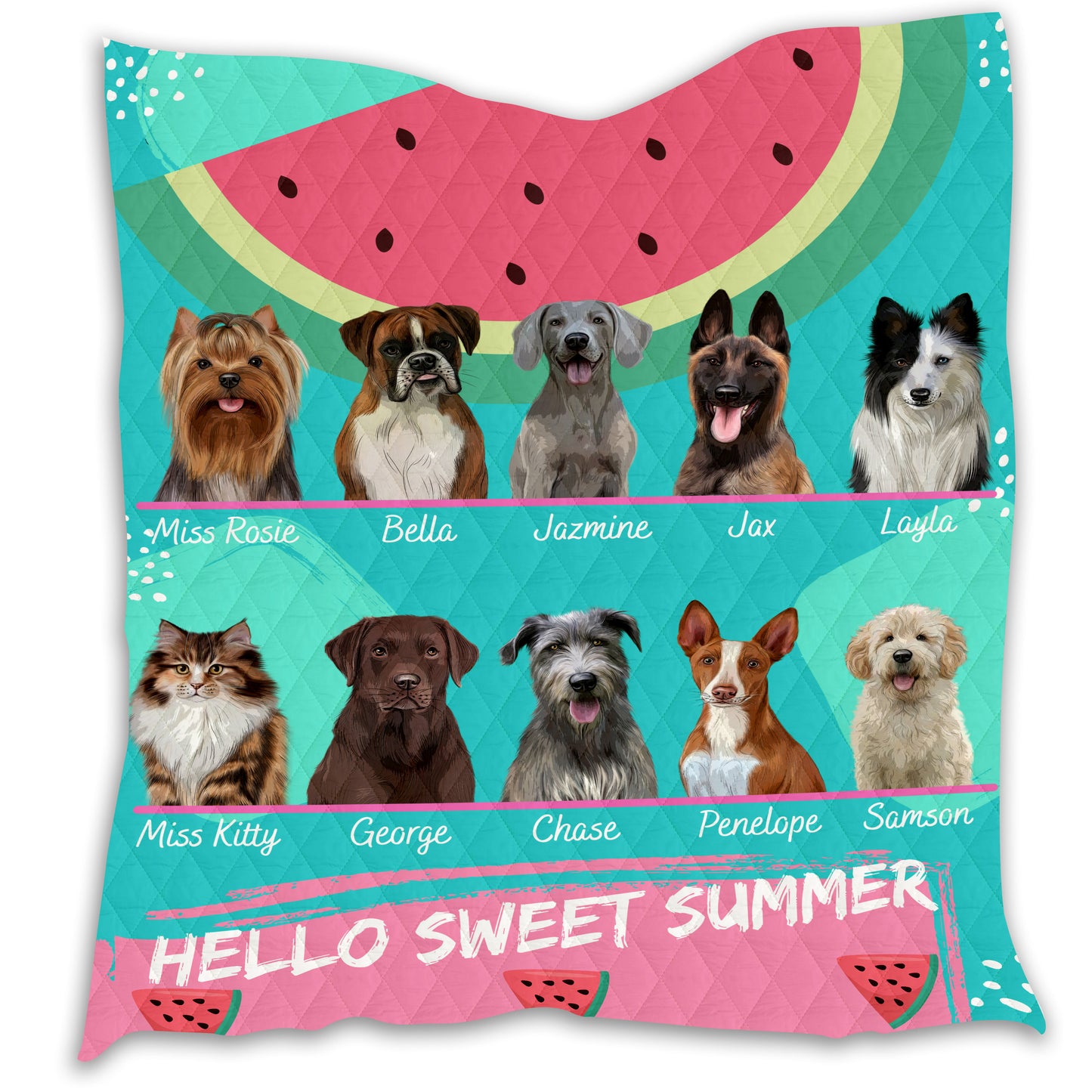 Personalized Hello Sweet Summer Watermelon Dog Cat Pets Quilt 1 to 10 Pets