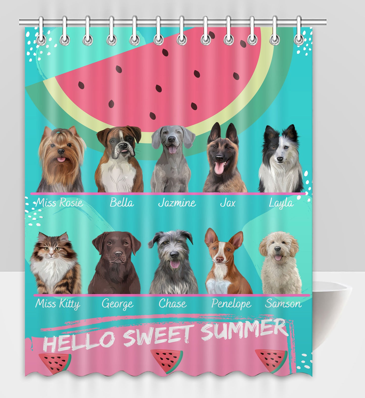 Personalized Hello Sweet Summer Watermelon Dog Cat Pets Shower Curtain 1 to 10 Pets