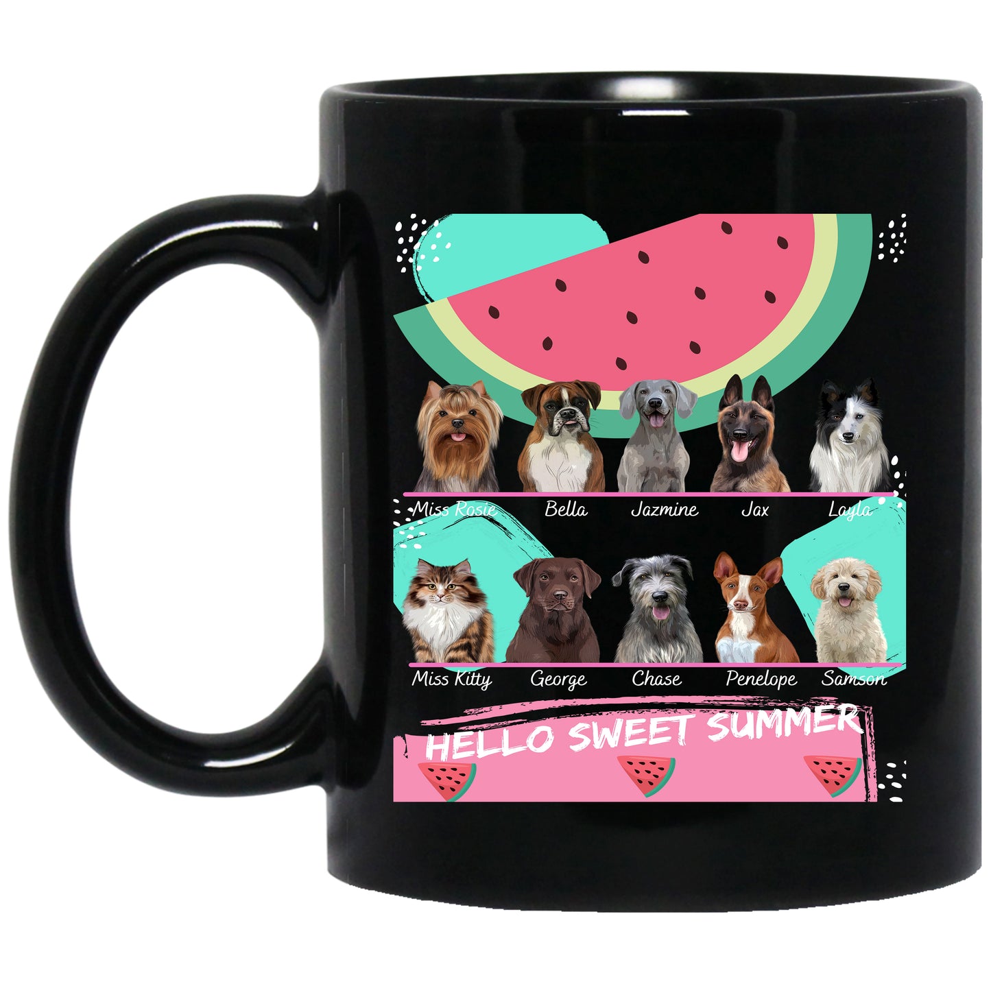 Personalized Hello Sweet Summer Watermelon Dog Cat Pets 11 OZ Coffee Mug 1 to 10 Pets