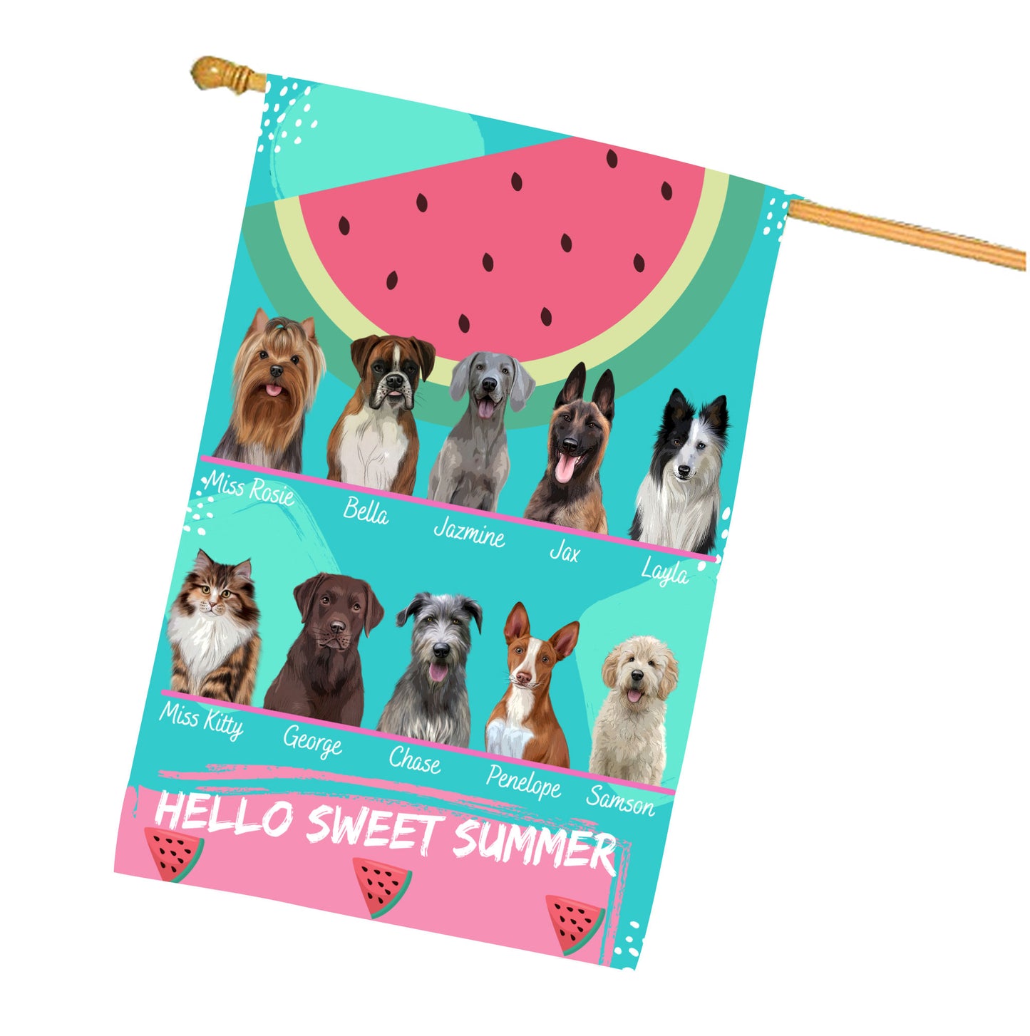 Personalized Hello Sweet Summer Watermelon Dog Cat Pets House Flag 1 to 10 Pets