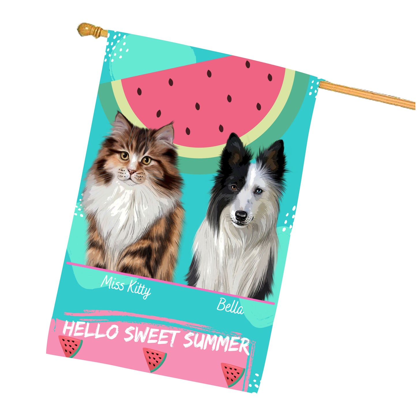 Personalized Hello Sweet Summer Watermelon Dog Cat Pets House Flag 1 to 10 Pets