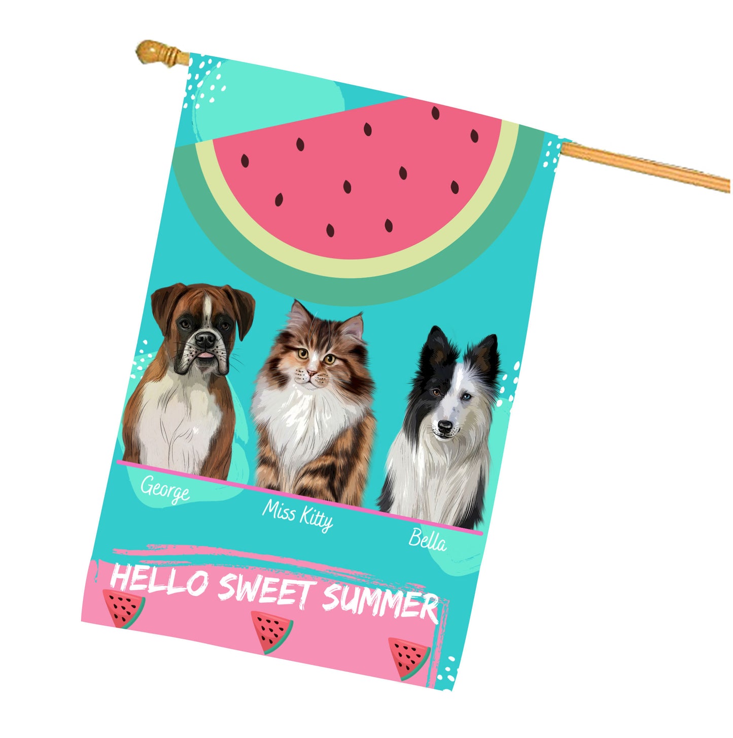 Personalized Hello Sweet Summer Watermelon Dog Cat Pets House Flag 1 to 10 Pets