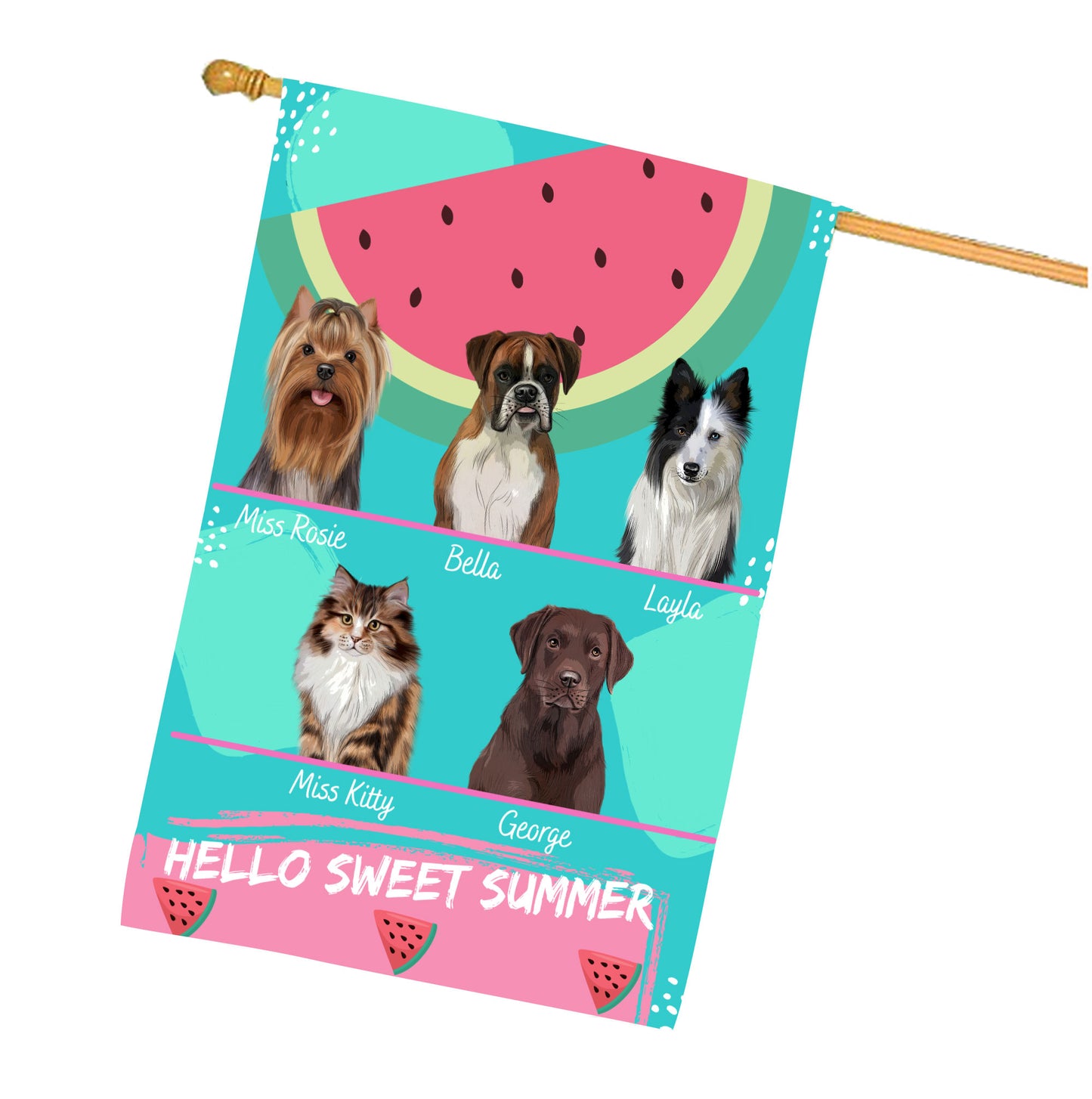 Personalized Hello Sweet Summer Watermelon Dog Cat Pets House Flag 1 to 10 Pets