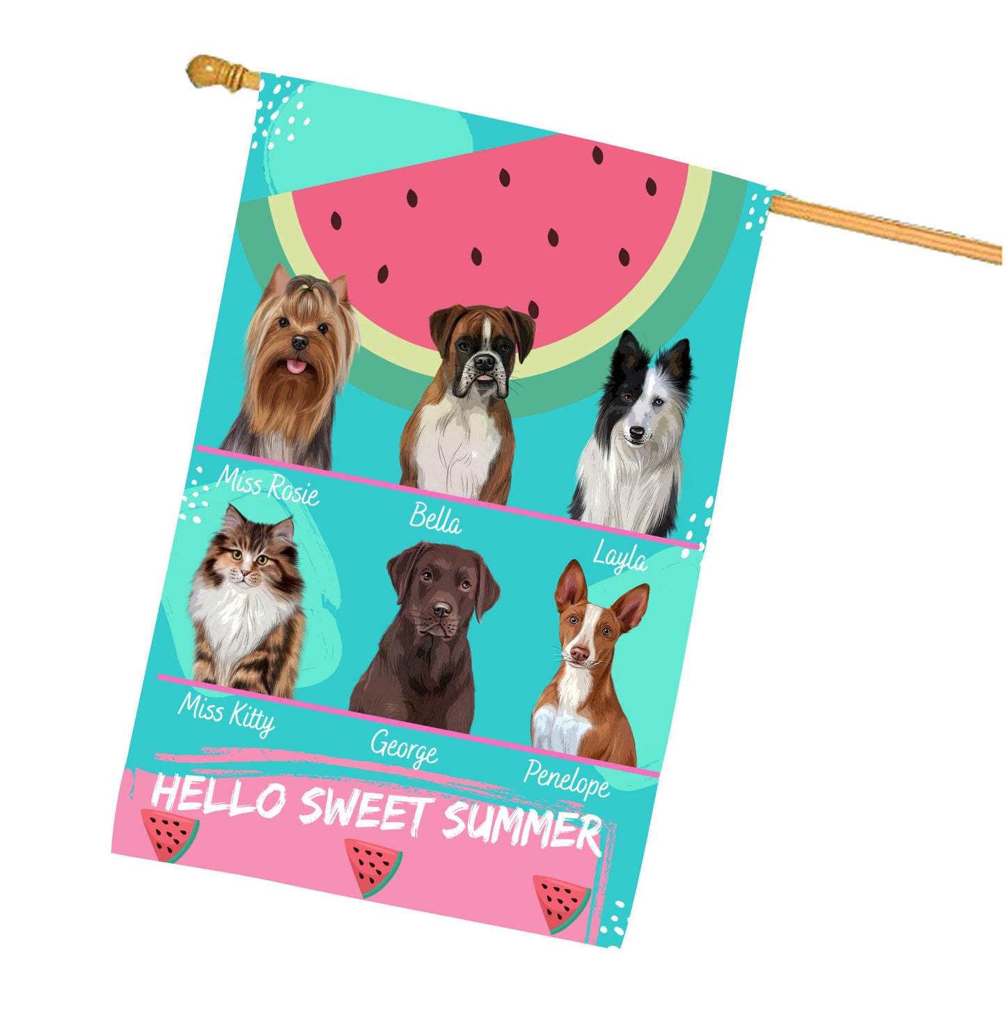 Personalized Hello Sweet Summer Watermelon Dog Cat Pets House Flag 1 to 10 Pets
