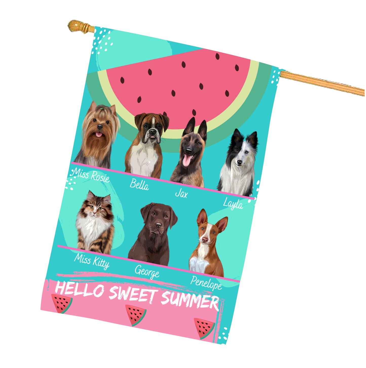 Personalized Hello Sweet Summer Watermelon Dog Cat Pets House Flag 1 to 10 Pets