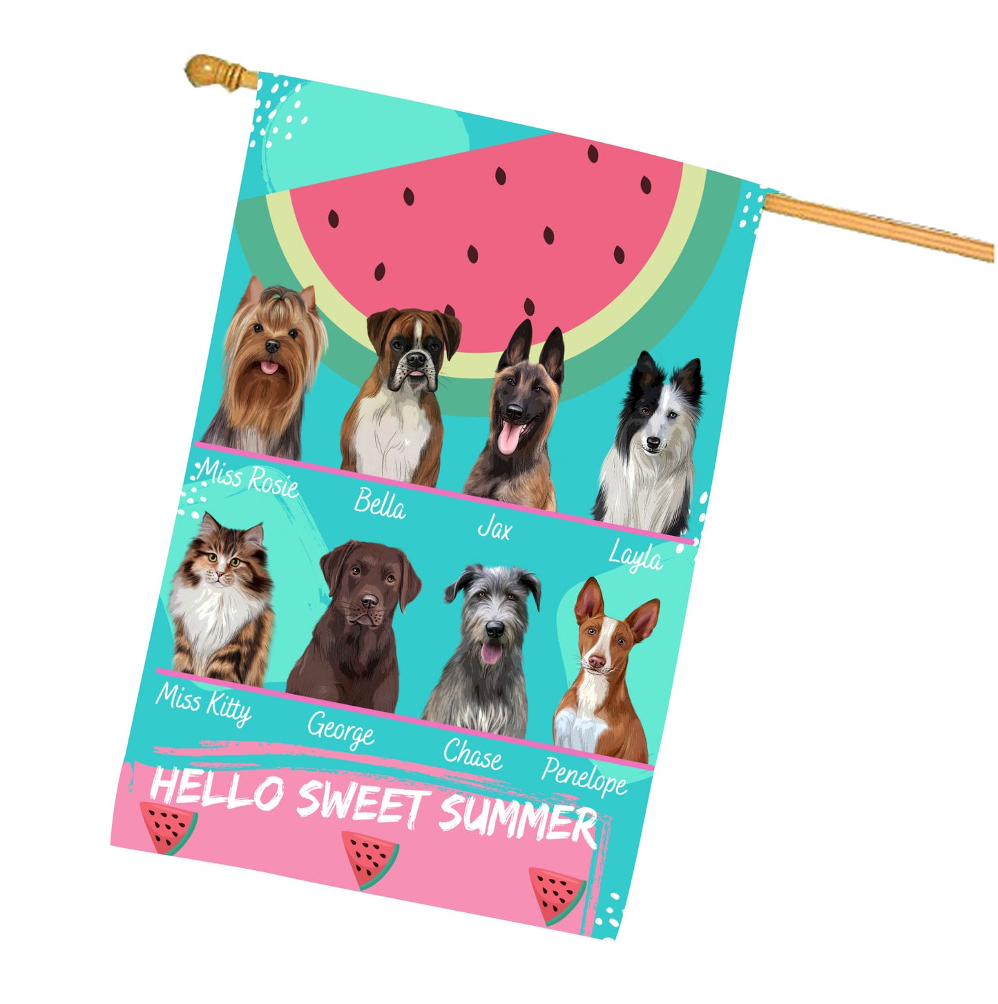 Personalized Hello Sweet Summer Watermelon Dog Cat Pets House Flag 1 to 10 Pets