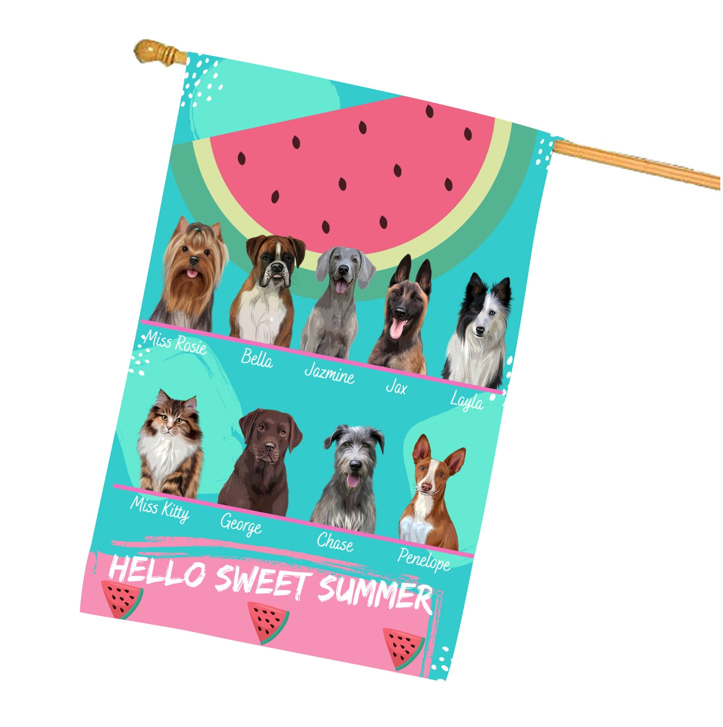 Personalized Hello Sweet Summer Watermelon Dog Cat Pets House Flag 1 to 10 Pets