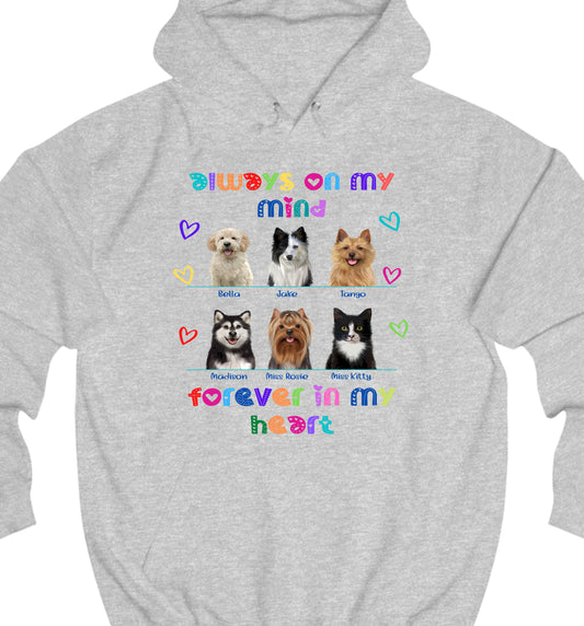 Personalized Always On My Mind Dog Cat Pets Memorial Pullover Hoodies 1 to 6 Pets