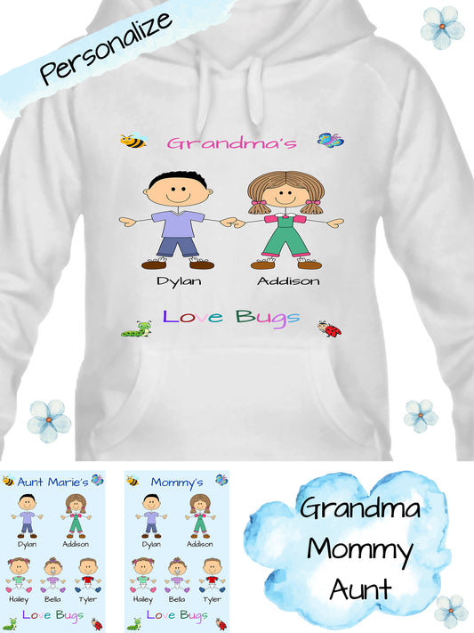 Personalized Dog Cat Pets Grandma, Aunt, Mom, Wife or Sister's Love Bugs Women's Hoodie