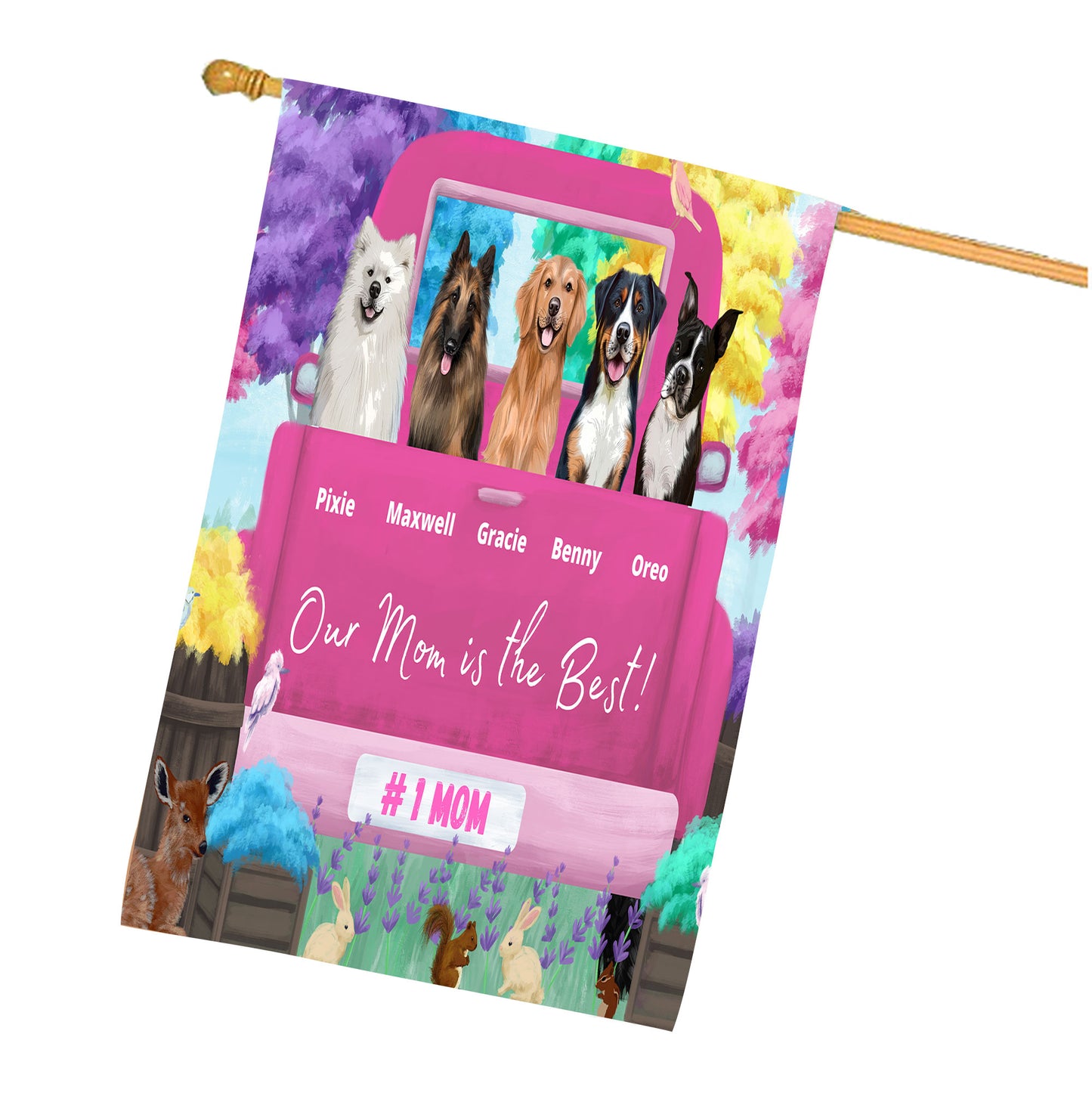 Personalized Our Mom is the Best Pink truck Dog Cat Pets House Flag