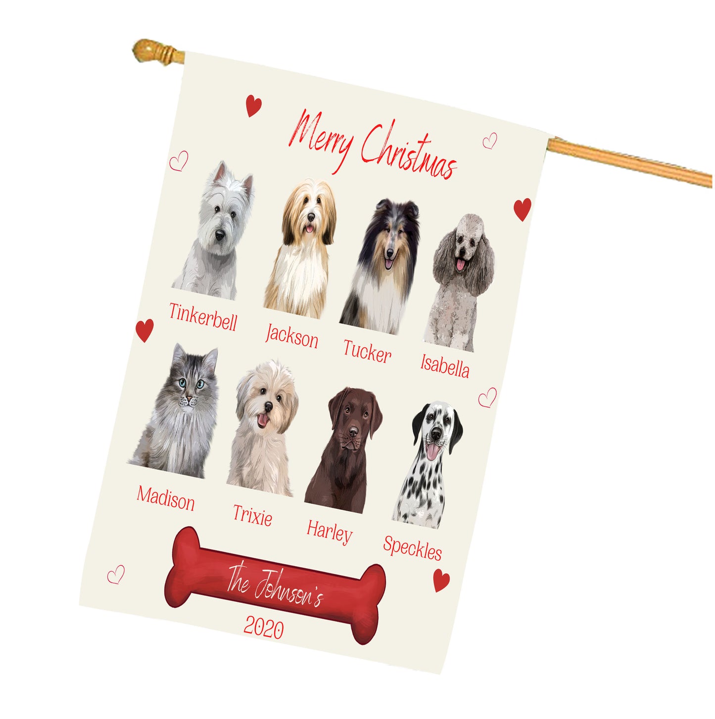 Personalized Merry Christmas Dog Cat Pets House Flag 1 to 8 Pets