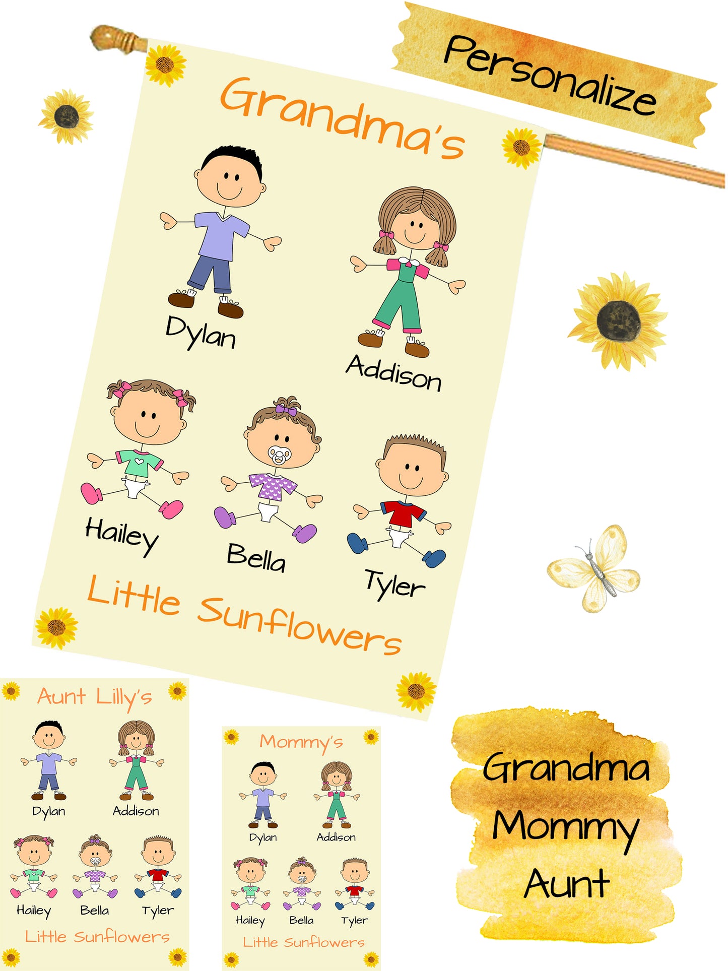 Personalized Dog Cat Pets Grandma, Aunt, Mom, Wife or Sister's Little Sun Flowers House Flag