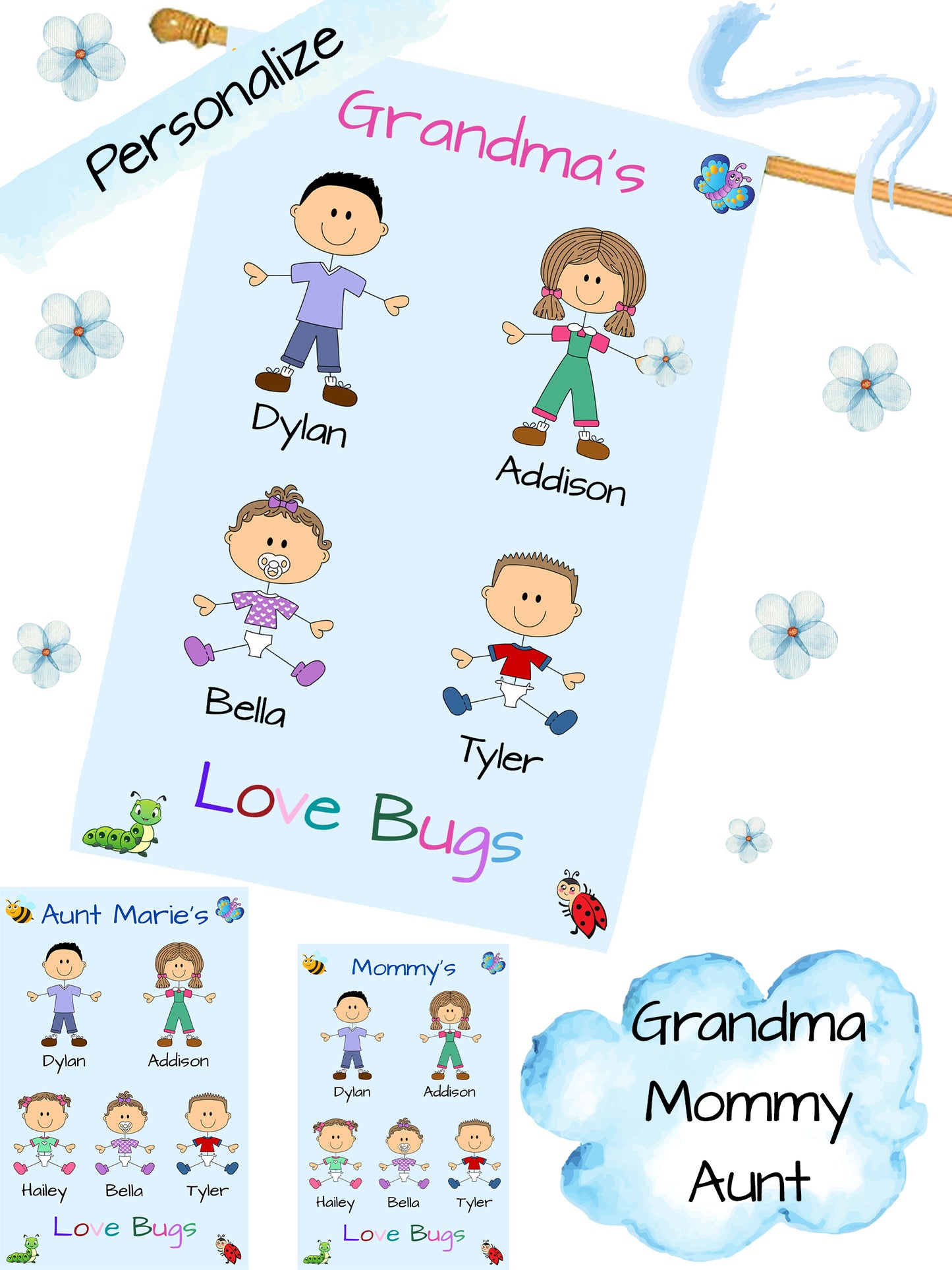 Personalized Dog Cat Pets Grandma, Aunt, Mom, Wife or Sister's Love Bugs House Flag