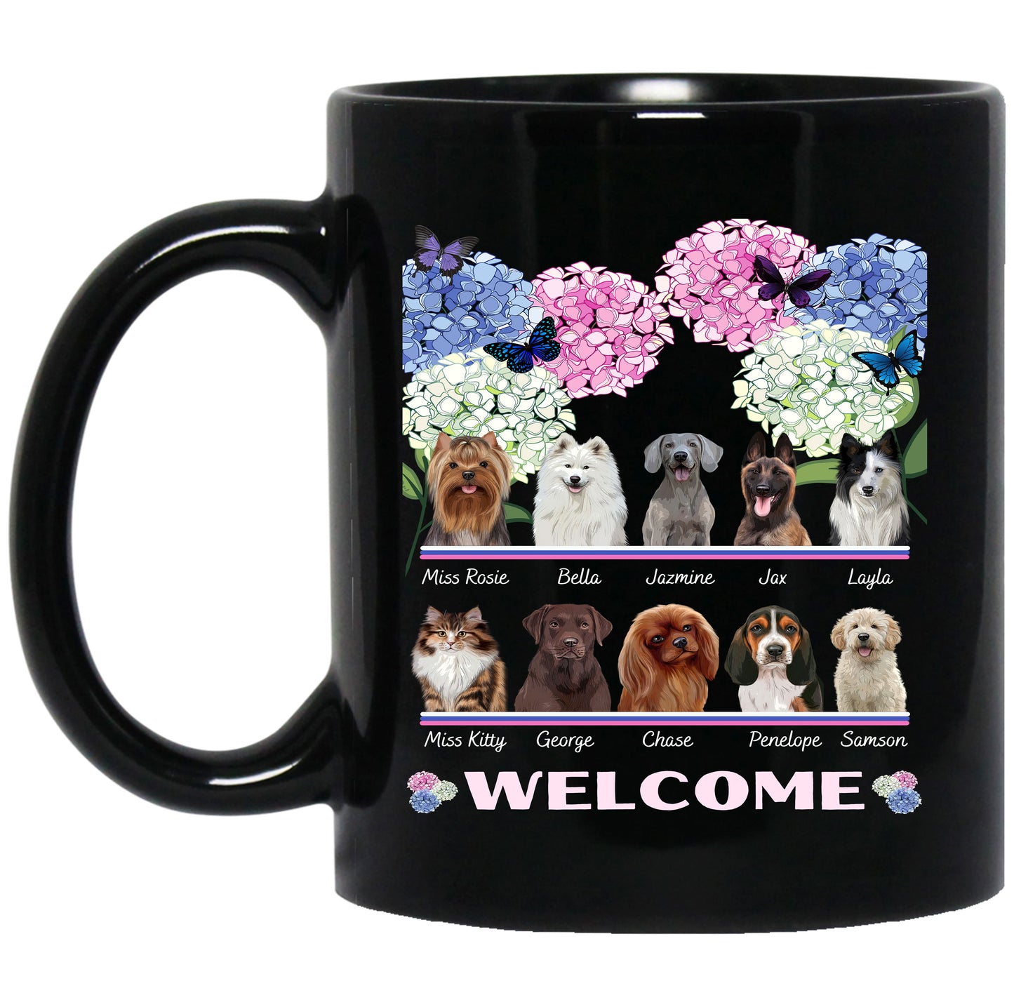 Personalized Hydrangea Floral Butterflies Dog Cat Pets Mug 1 to 10 Pets