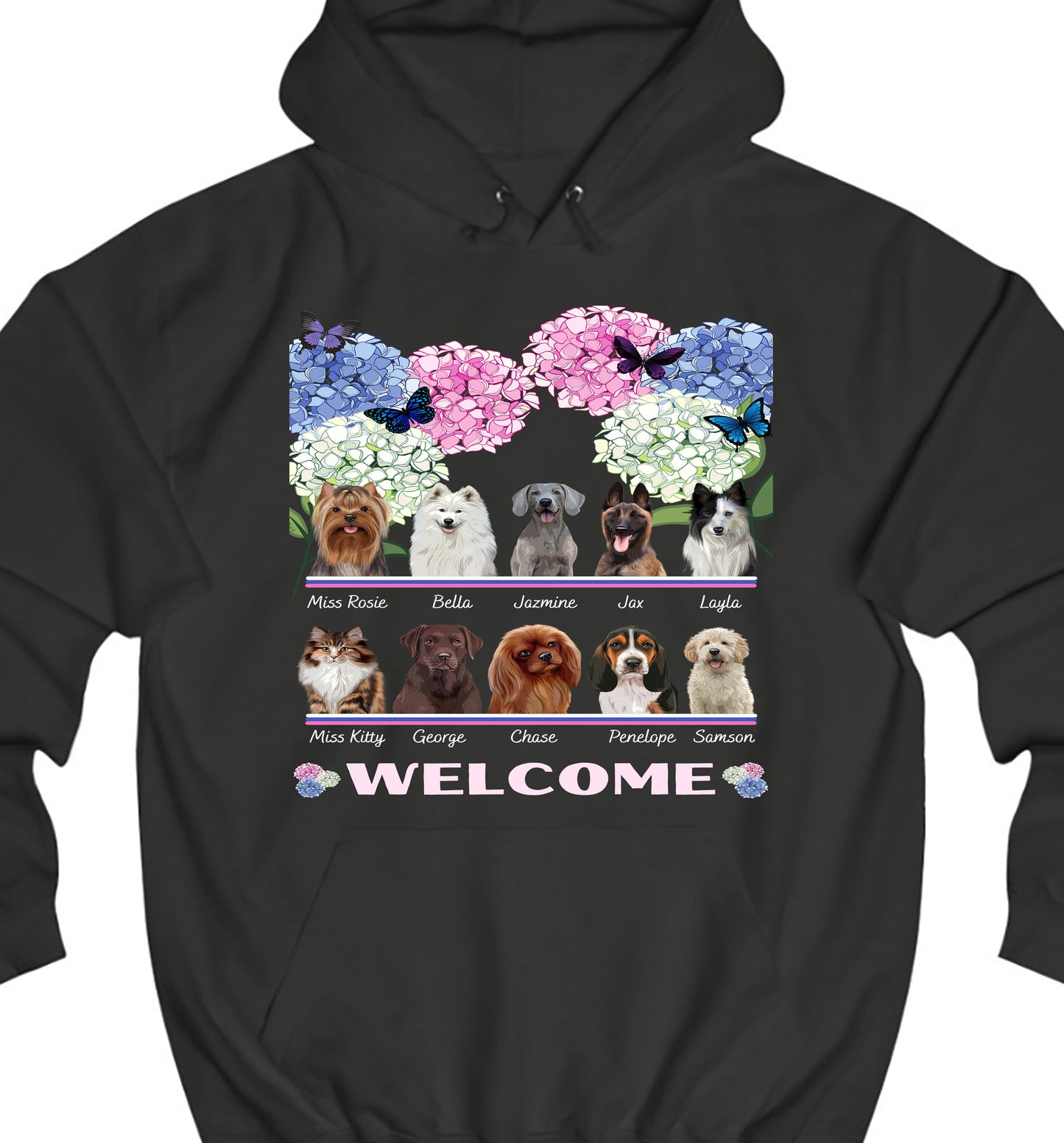Personalized Hydrangea Floral Butterflies Dog Cat Pets Pullover Hoodies 1 to 10 Pets
