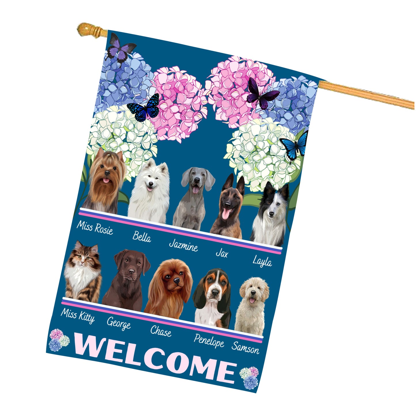 Personalized Hydrangea Floral Butterflies Dog Cat Pets House Flag 1 to 10 Pets