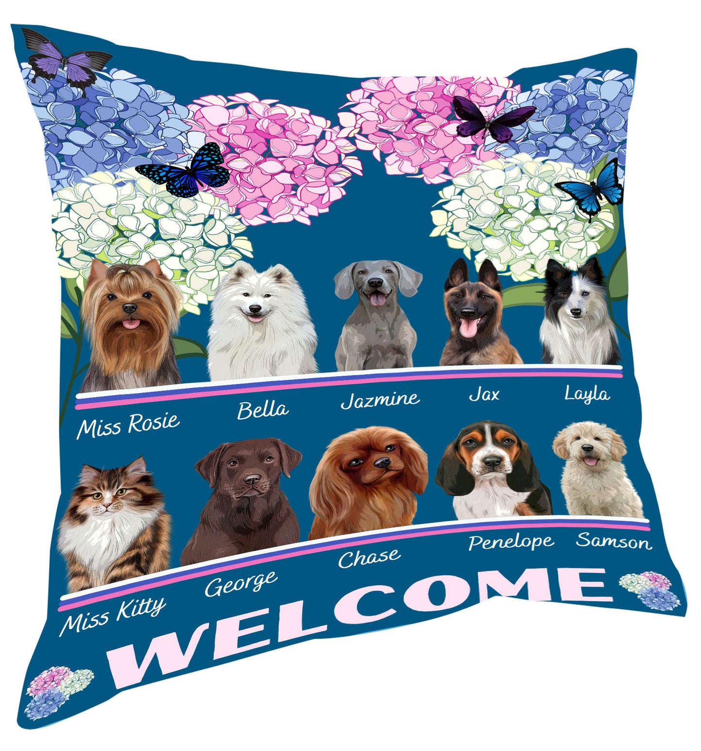 Personalized Hydrangea Floral Butterflies Dog Cat Pets Pillow 1-10 Pets