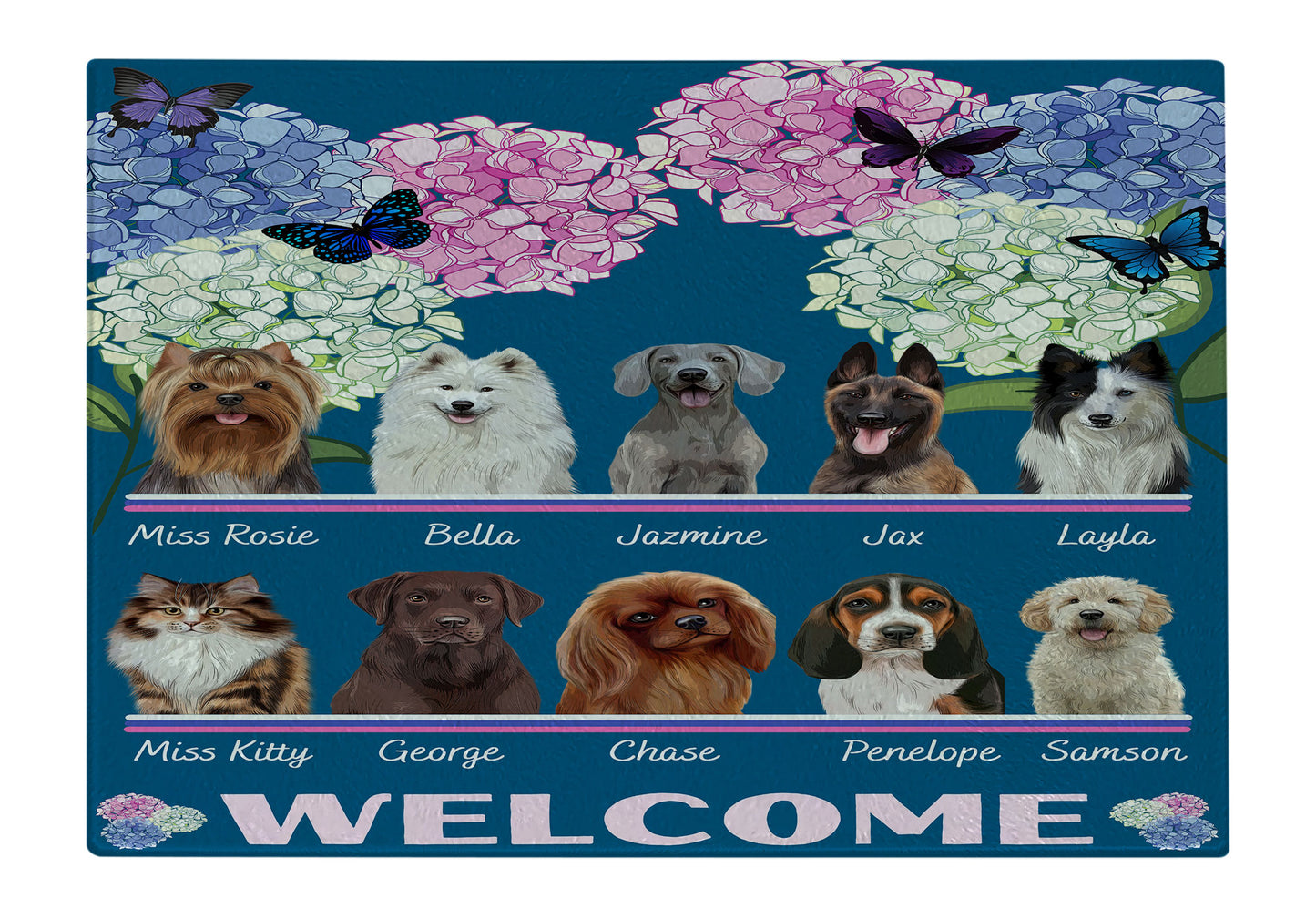 Personalized Hydrangea Floral Butterflies Dog Cat Pets Cutting Board 1 to 10 Pets