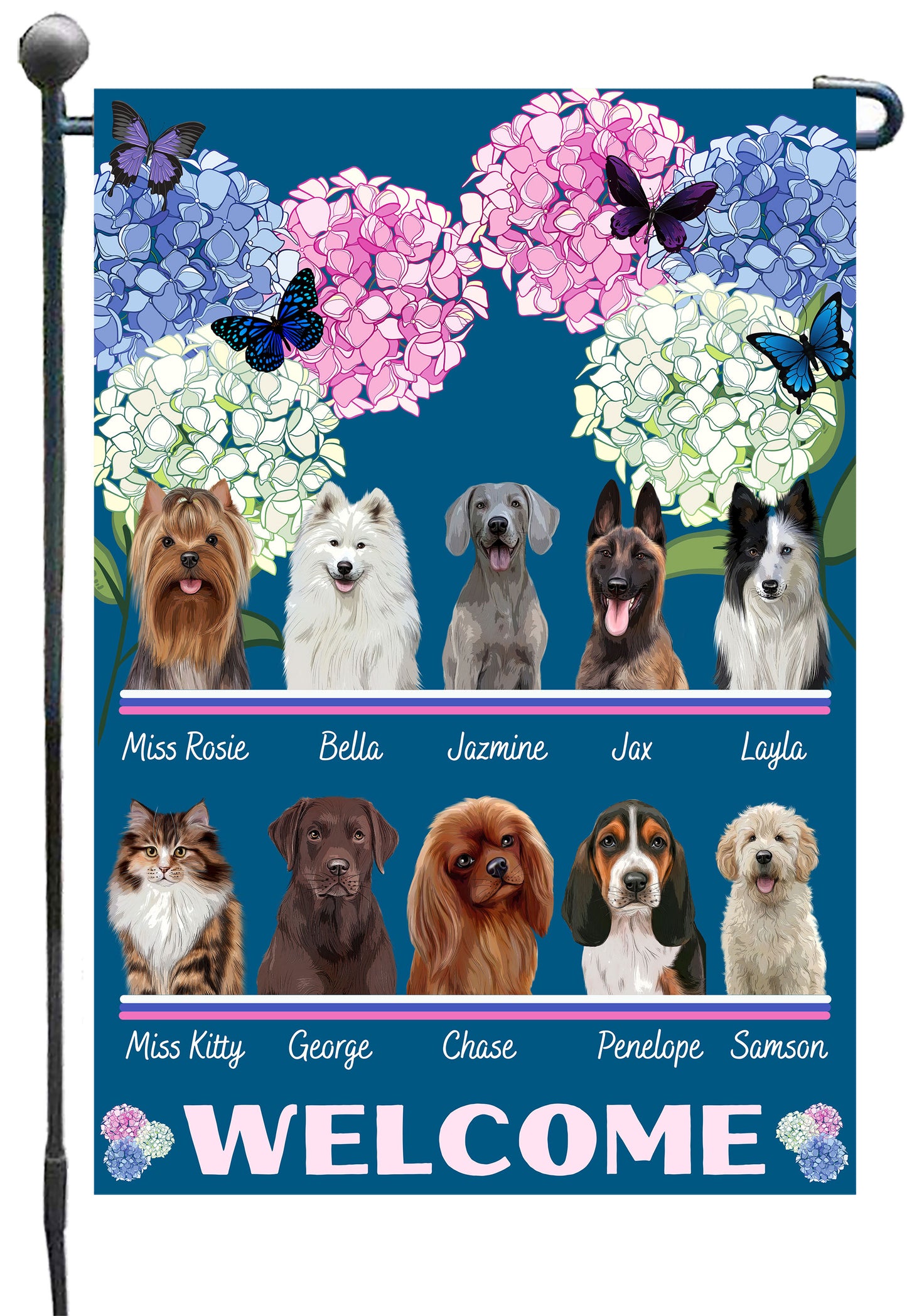 Personalized Hydrangea Floral Butterflies Dog Cat Pets Garden Flag 1 to 10 Pets