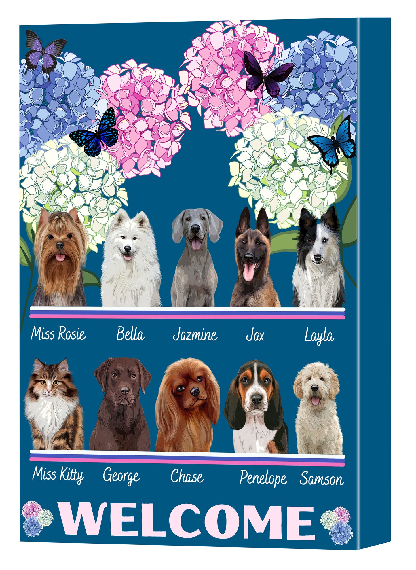 Personalized Hydrangea Floral Butterflies Dog Cat Pets Canvas Print Wall Art Décor 1 to 10 Pets