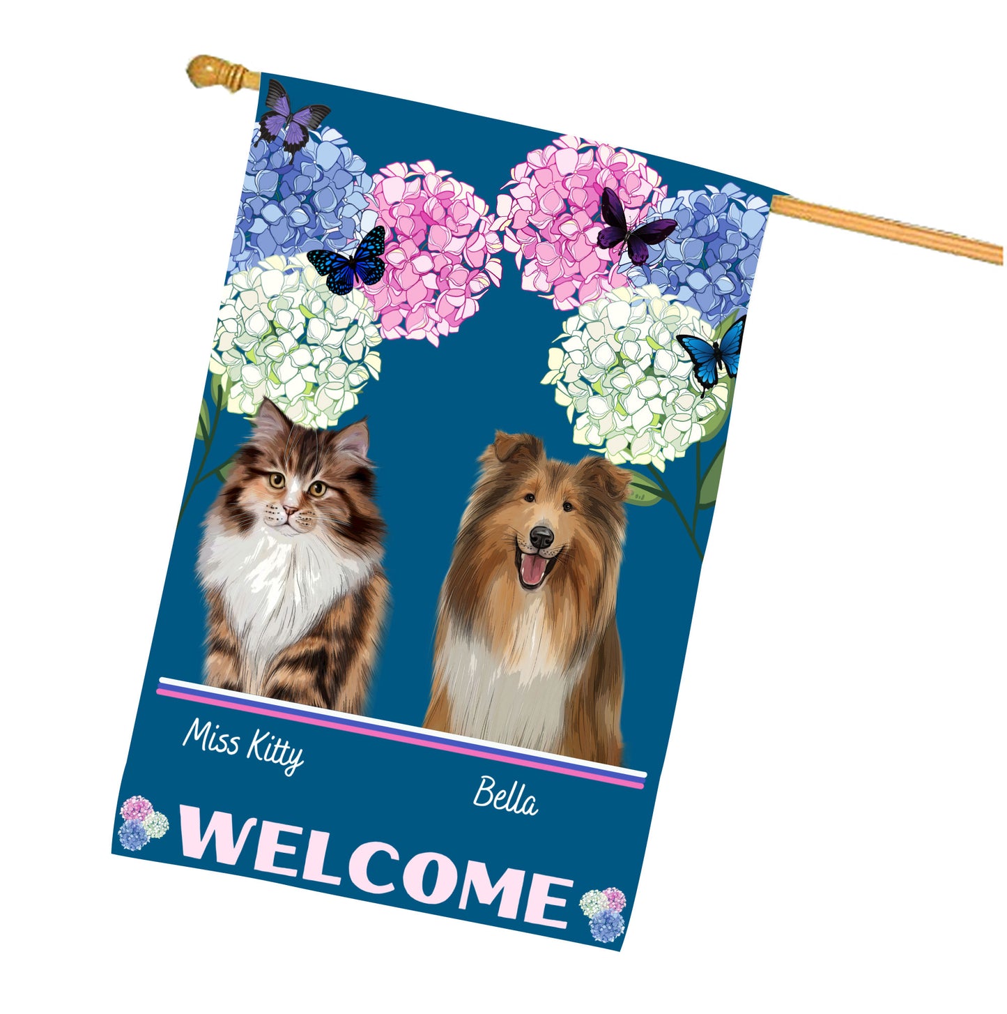 Personalized Hydrangea Floral Butterflies Dog Cat Pets House Flag 1 to 10 Pets