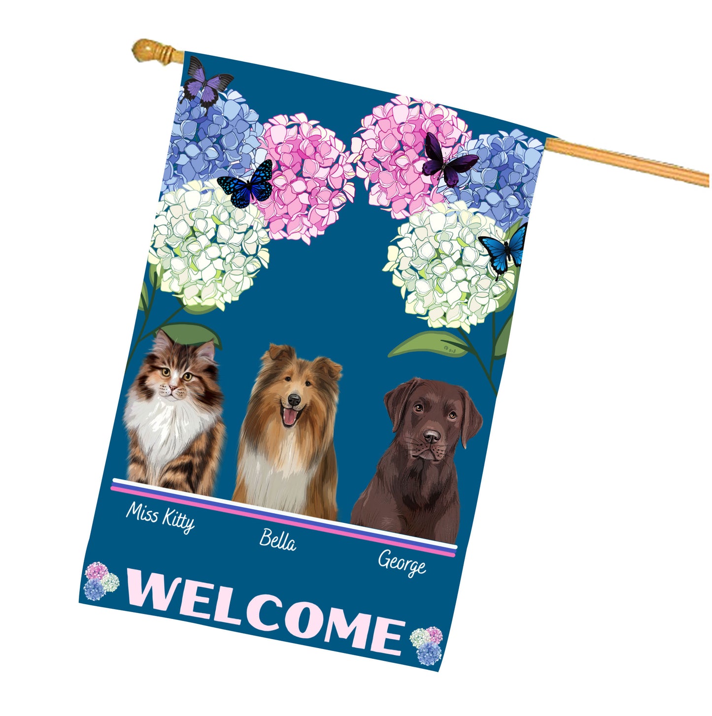 Personalized Hydrangea Floral Butterflies Dog Cat Pets House Flag 1 to 10 Pets