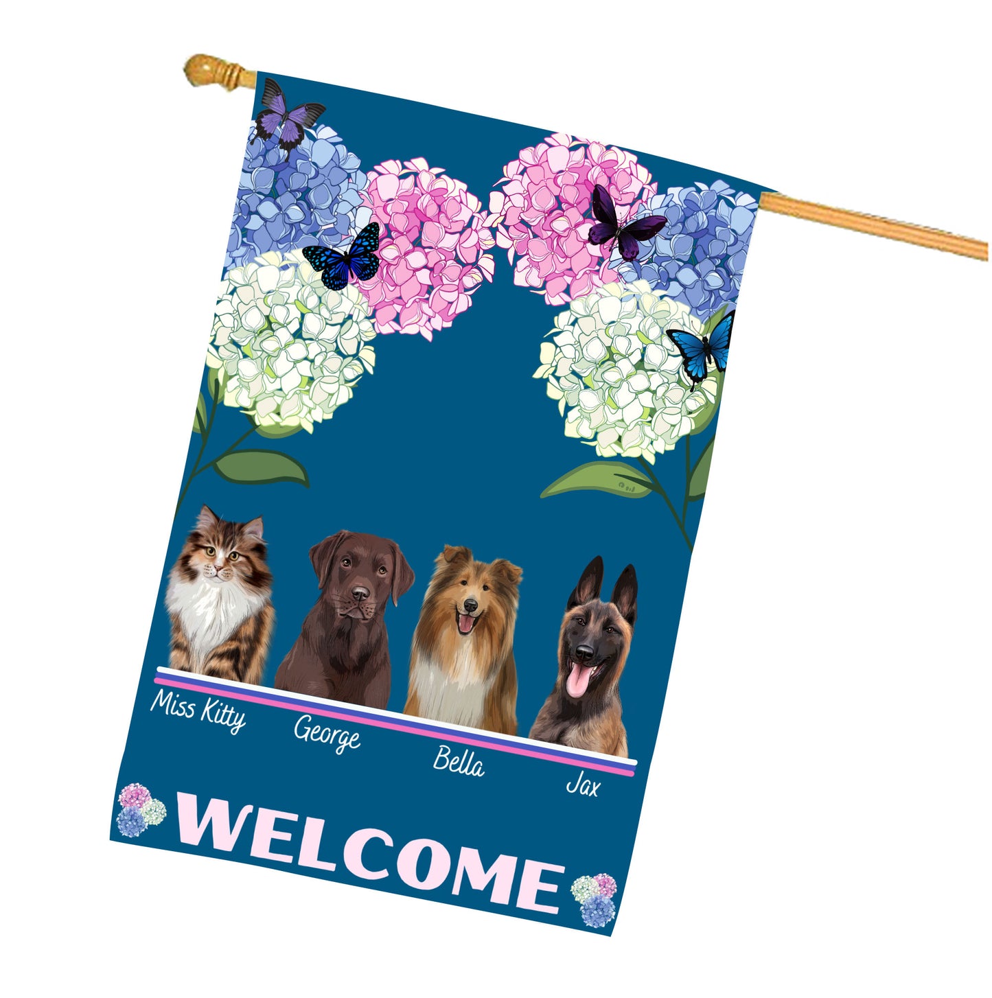 Personalized Hydrangea Floral Butterflies Dog Cat Pets House Flag 1 to 10 Pets