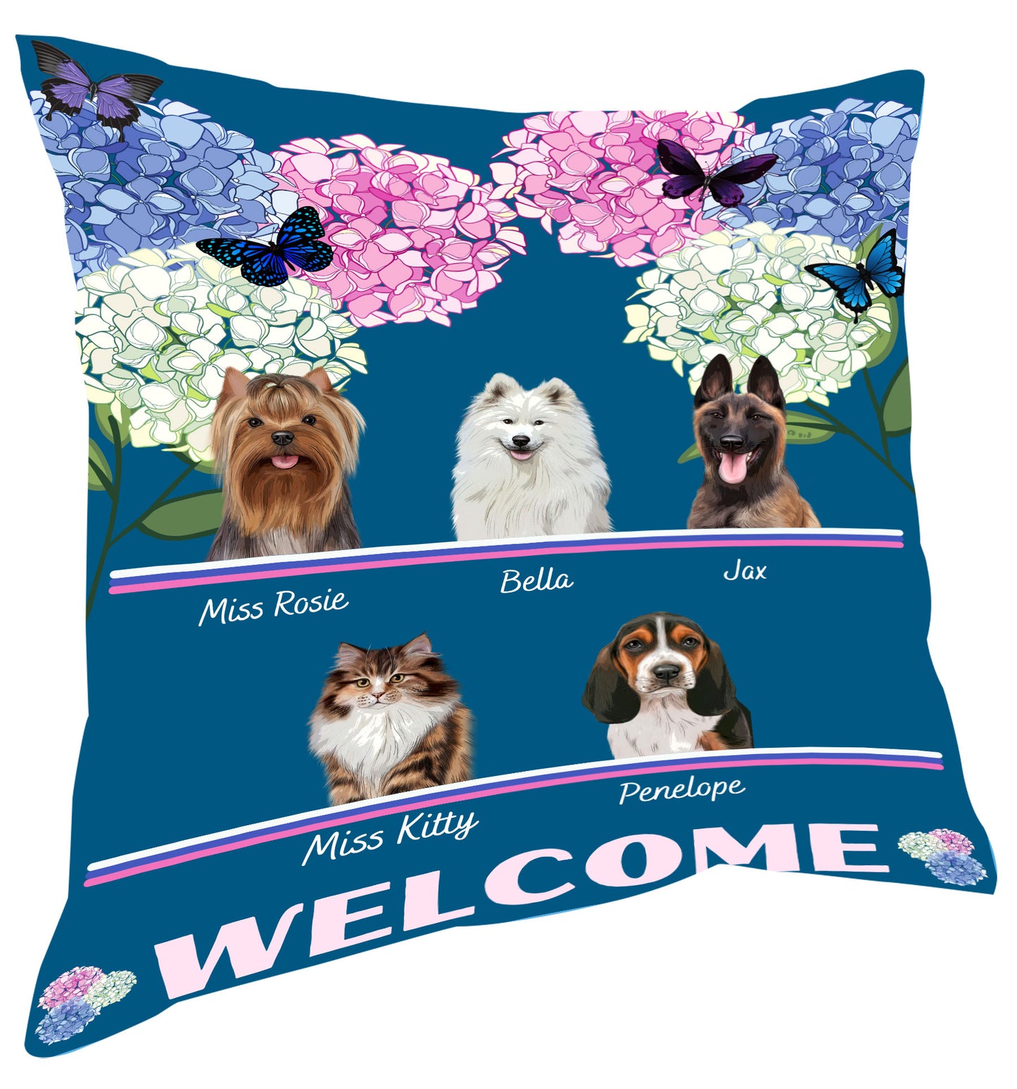 Personalized Hydrangea Floral Butterflies Dog Cat Pets Pillow 1-10 Pets