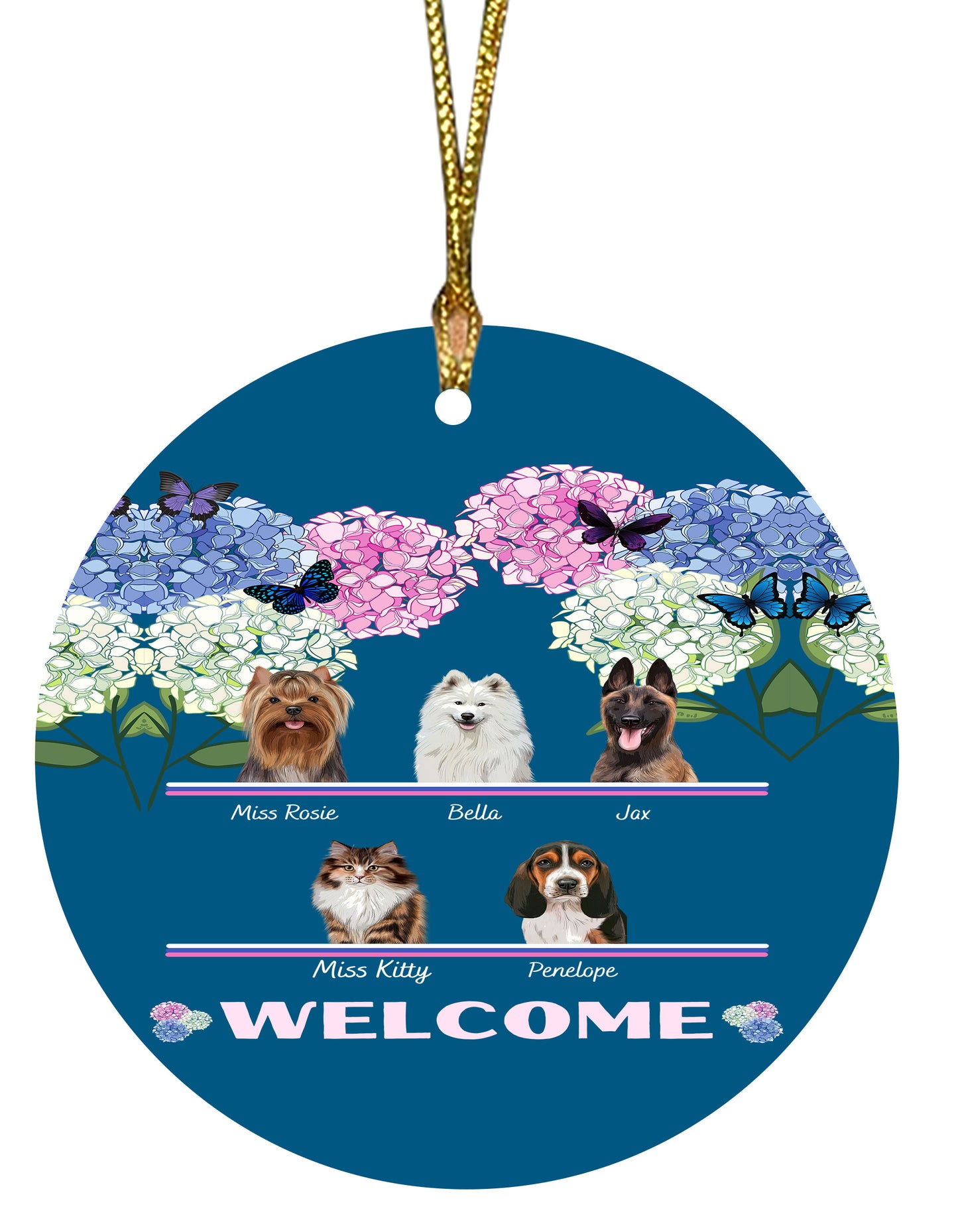 Personalized Hydrangea Floral Butterflies Dog Cat Pets Round Flat Christmas Tree Ornament 1 to 5 Pets