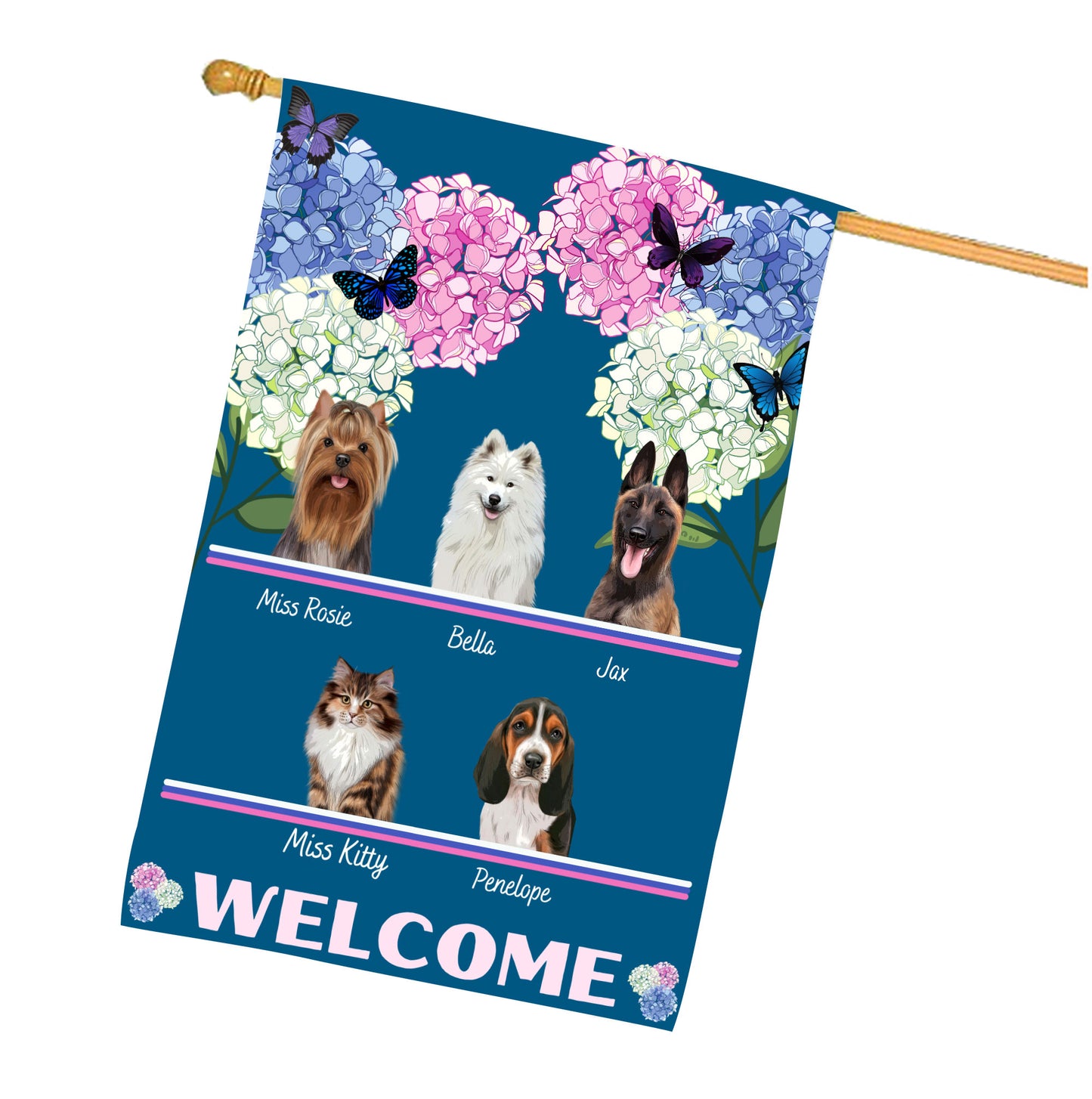 Personalized Hydrangea Floral Butterflies Dog Cat Pets House Flag 1 to 10 Pets
