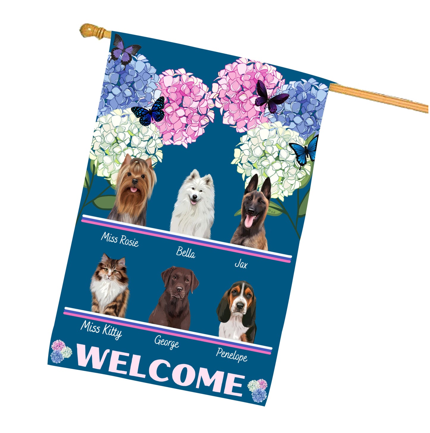 Personalized Hydrangea Floral Butterflies Dog Cat Pets House Flag 1 to 10 Pets