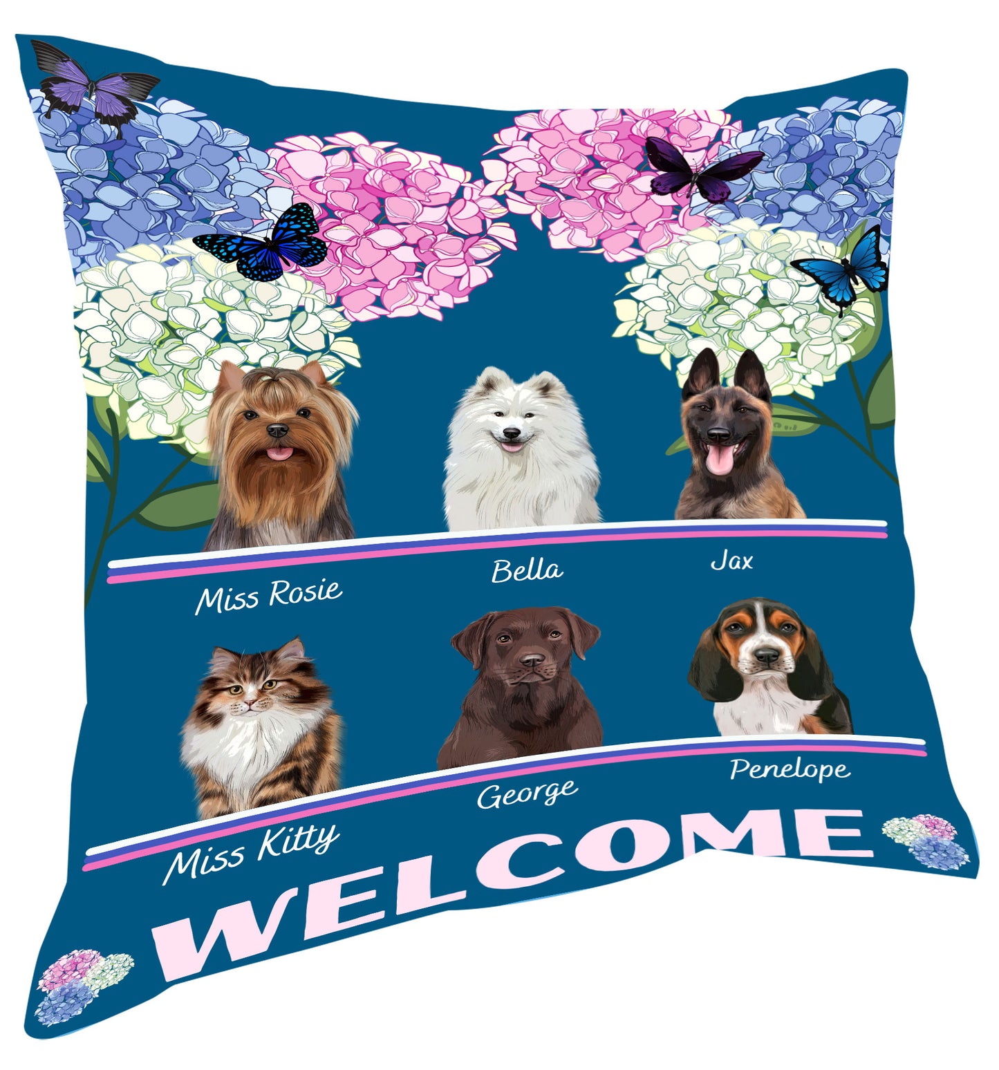 Personalized Hydrangea Floral Butterflies Dog Cat Pets Pillow 1-10 Pets