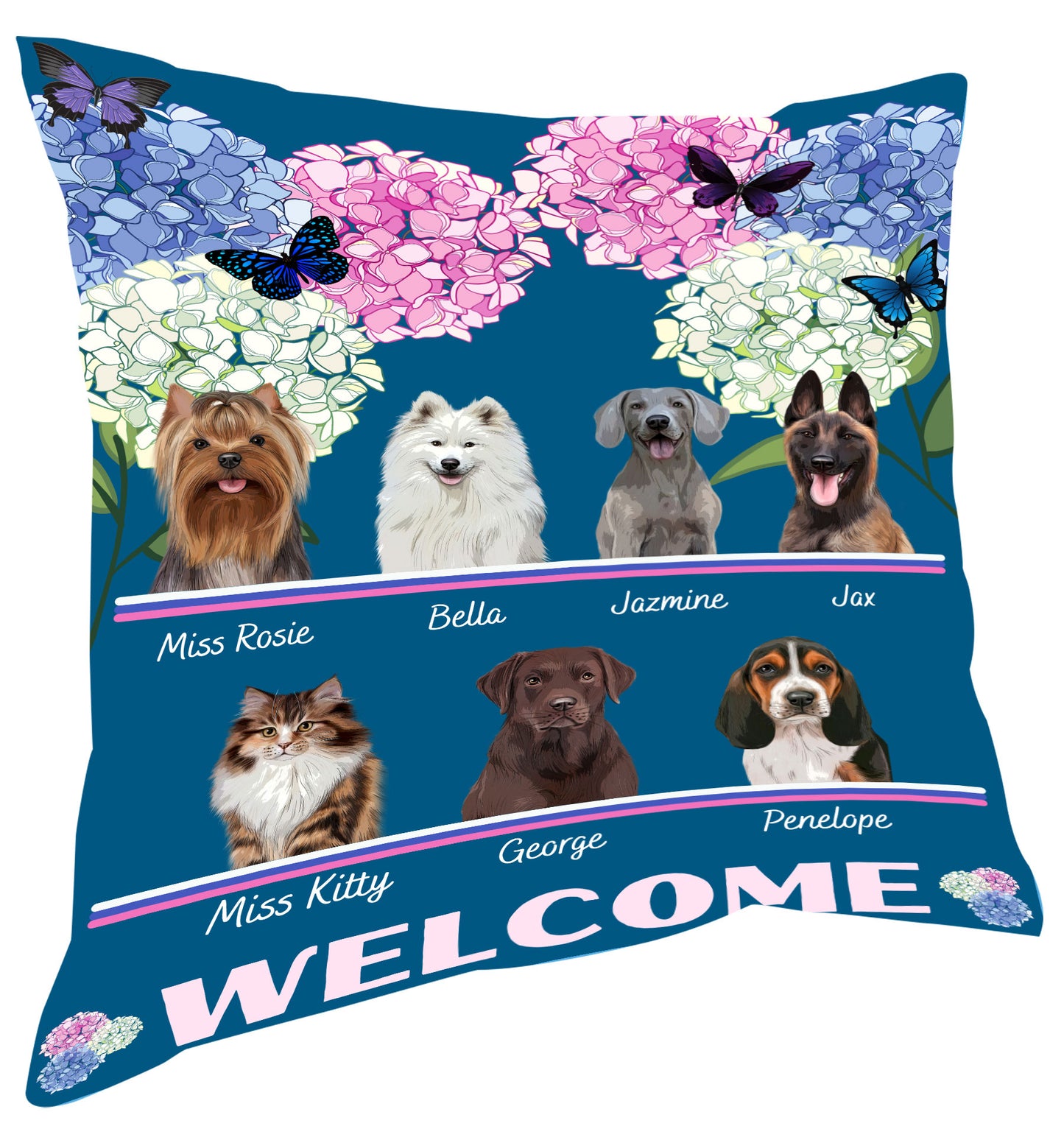 Personalized Hydrangea Floral Butterflies Dog Cat Pets Pillow 1-10 Pets