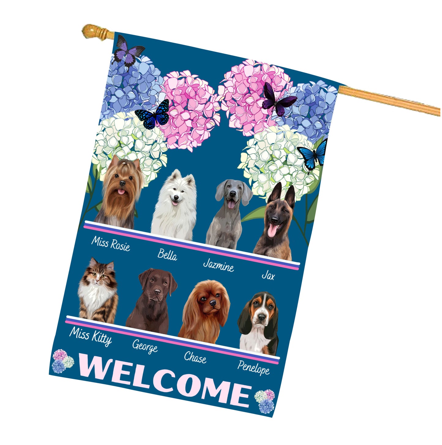 Personalized Hydrangea Floral Butterflies Dog Cat Pets House Flag 1 to 10 Pets