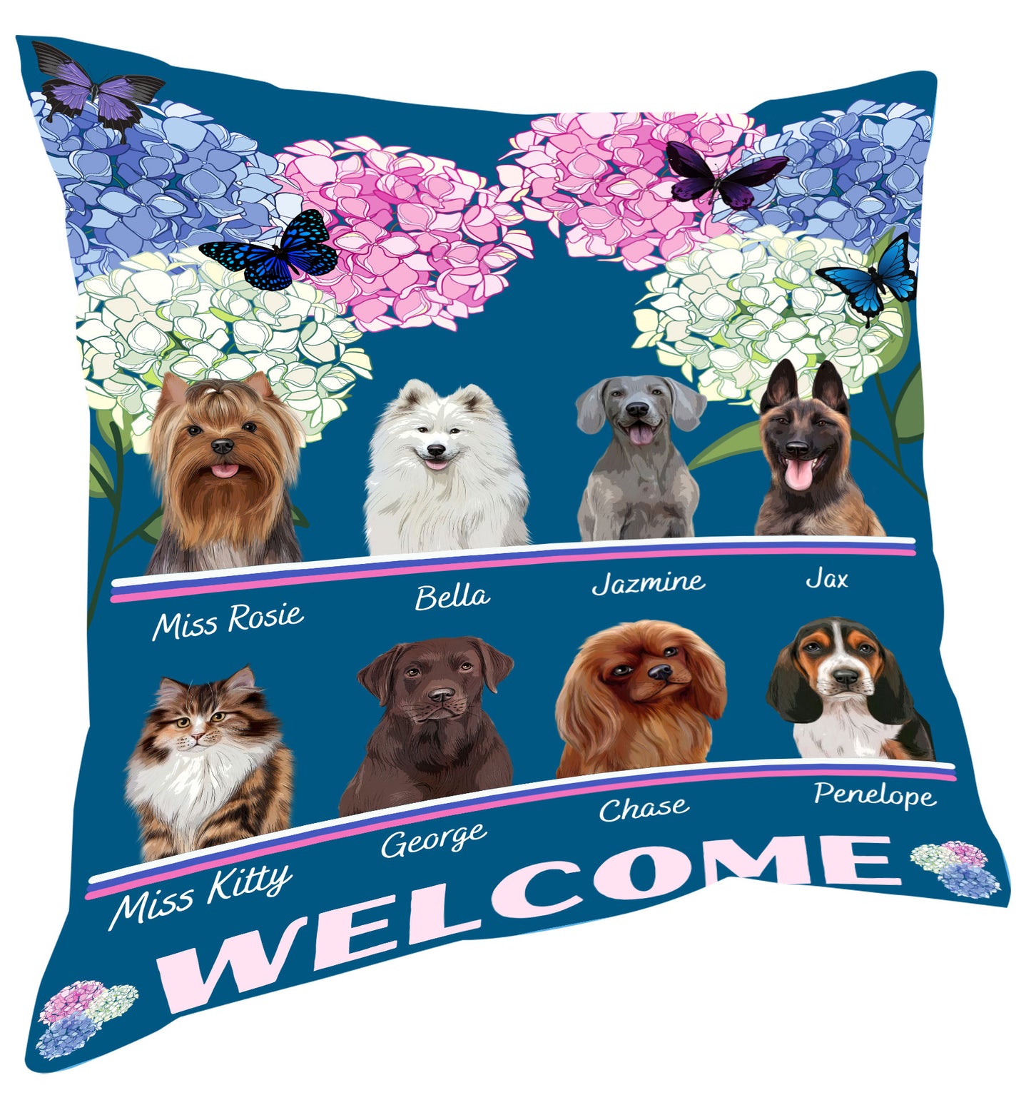 Personalized Hydrangea Floral Butterflies Dog Cat Pets Pillow 1-10 Pets